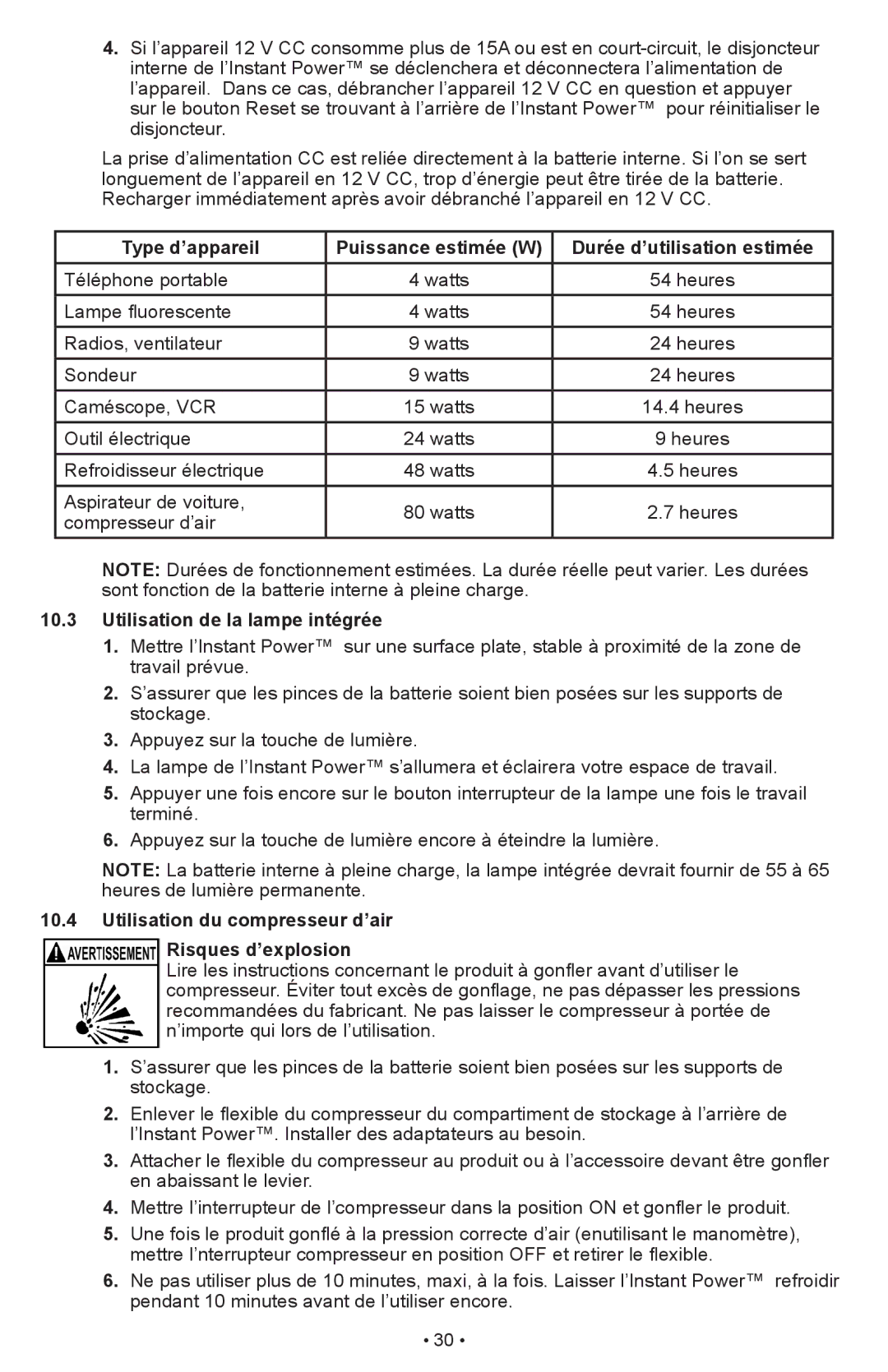 Schumacher IP-1875C owner manual Utilisation de la lampe intégrée, Utilisation du compresseur d’air Risques d’explosion 