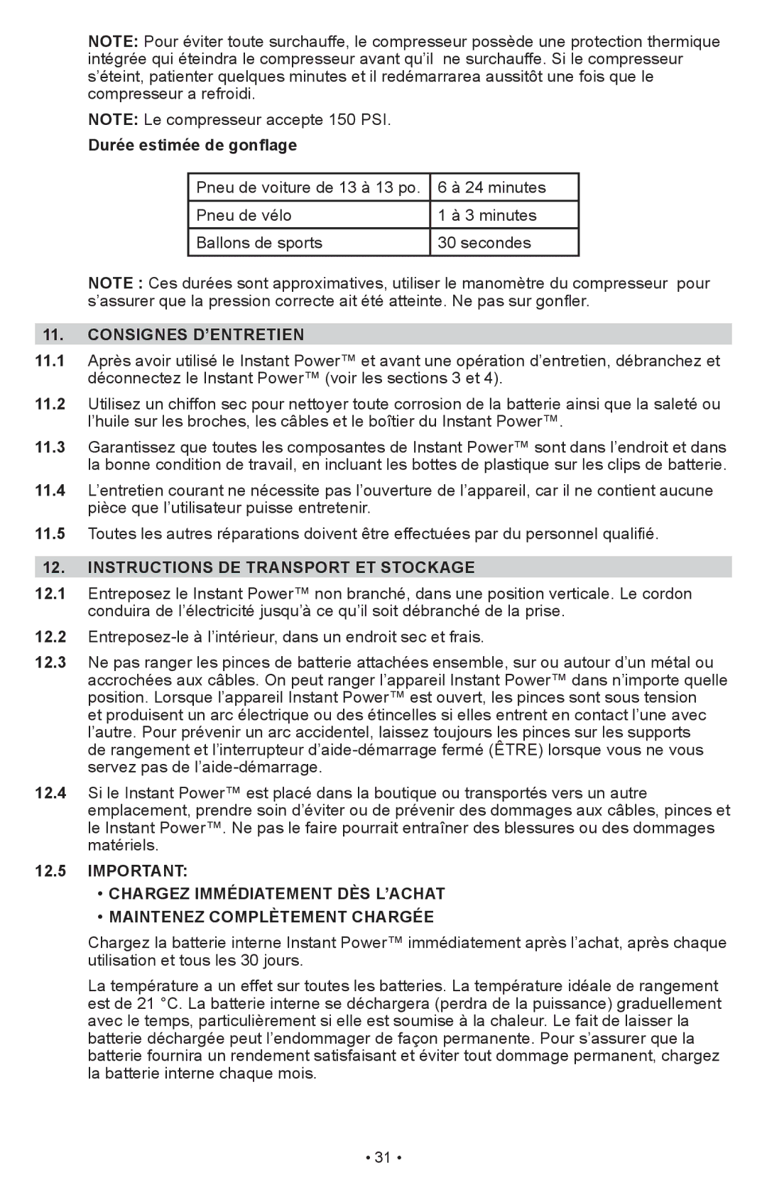 Schumacher IP-1875C owner manual Durée estimée de gonflage, Consignes D’ENTRETIEN, Instructions de transport et stockage 