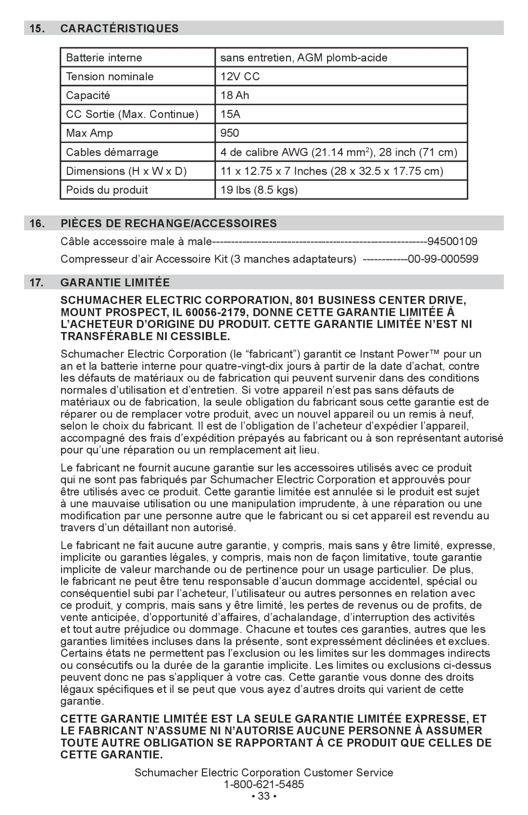 Schumacher IP-1875C owner manual Caractéristiques, 16. Pièces DE RECHANGE/accessoires 