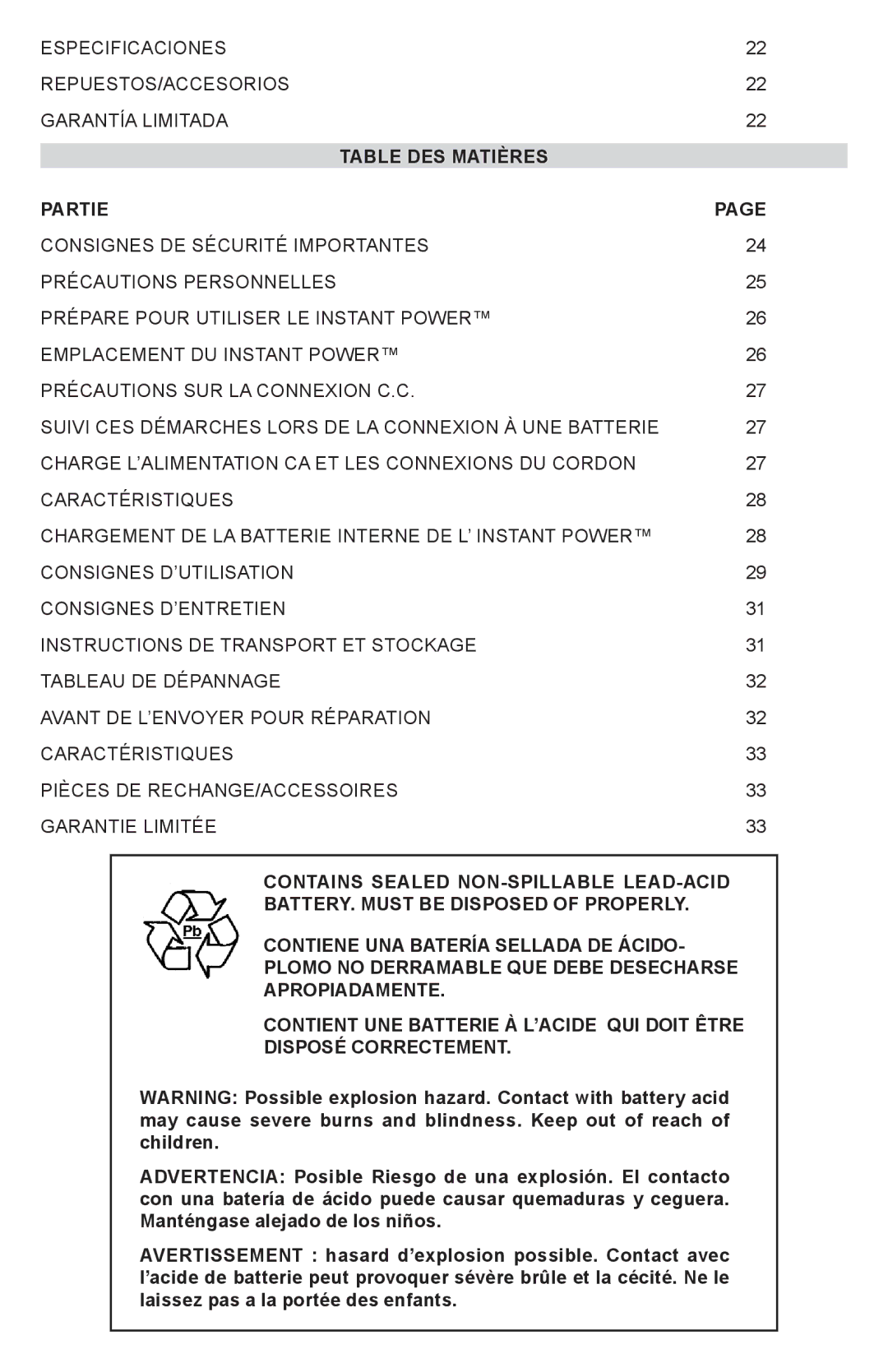 Schumacher IP-1875C owner manual Table DES Matières, Partie, Contains Sealed NON-SPILLABLE LEAD-ACID 