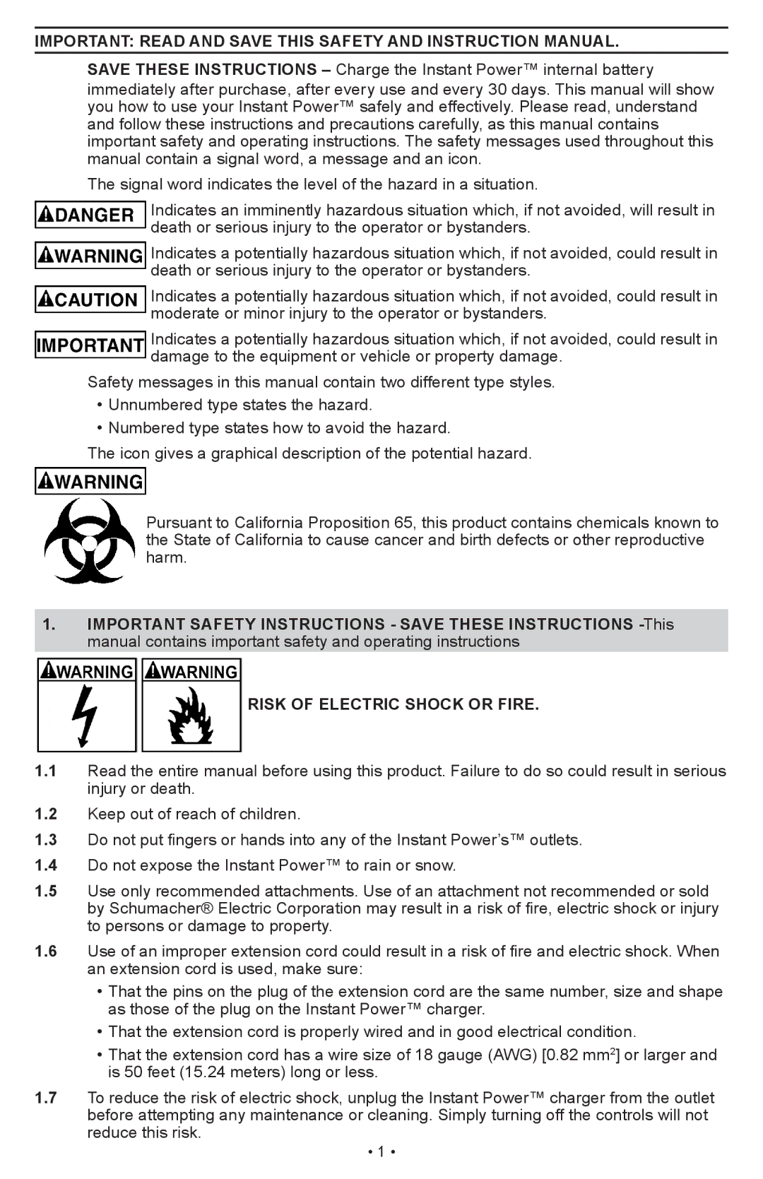 Schumacher IP-1875C owner manual Risk of Electric Shock or Fire 