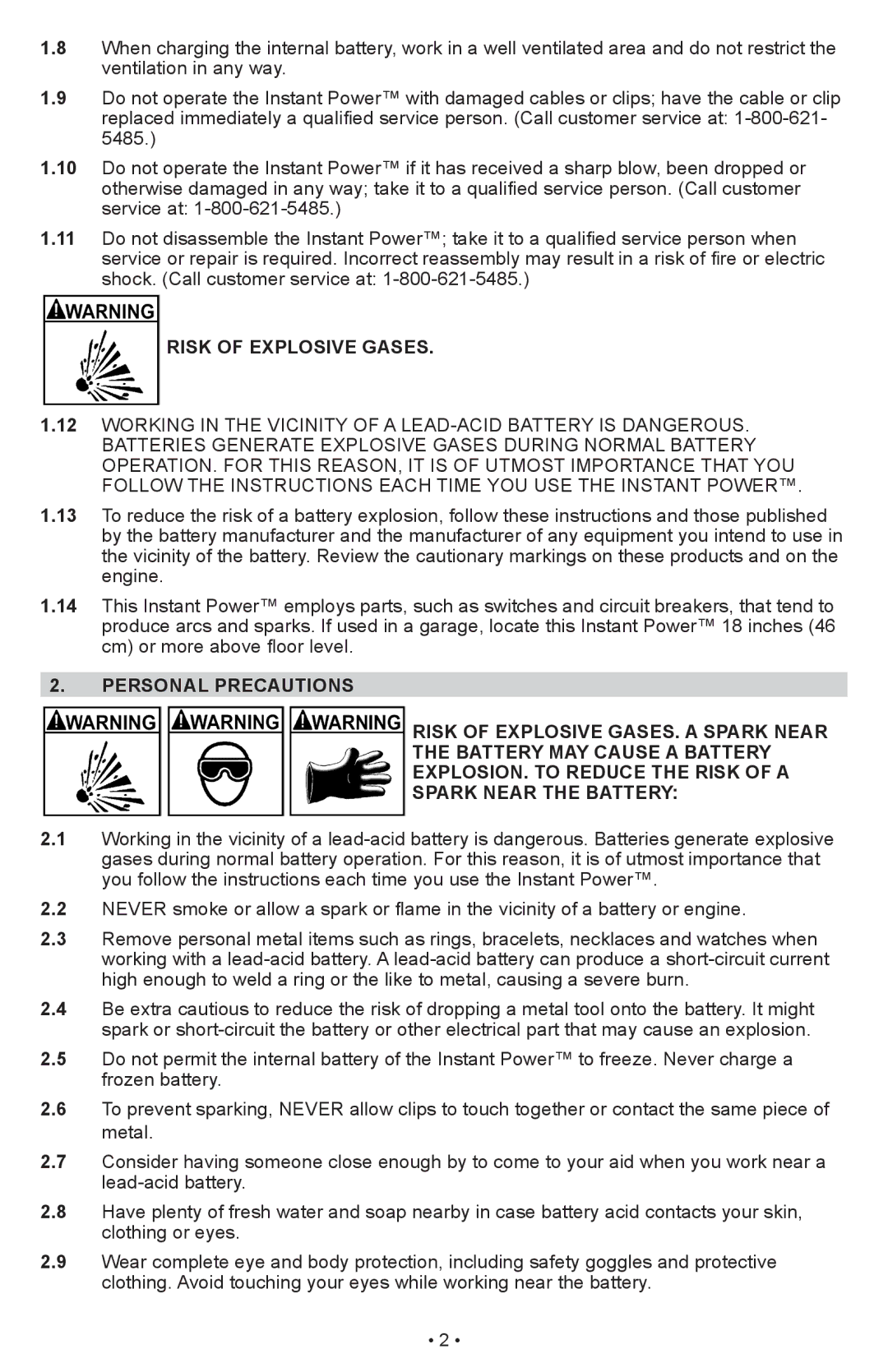 Schumacher IP-1875C owner manual Risk of Explosive Gases 