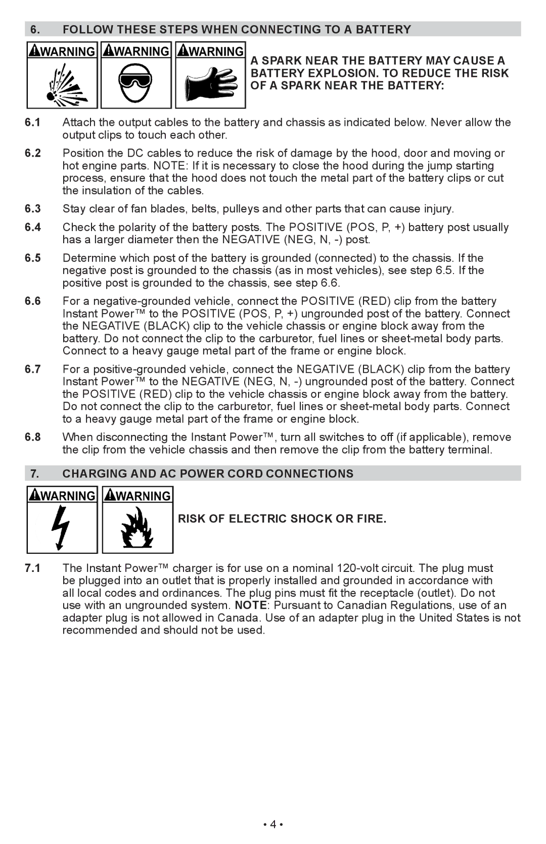 Schumacher IP-1875C owner manual Follow These Steps When connecting to a Battery, Charging and ac power cord connections 