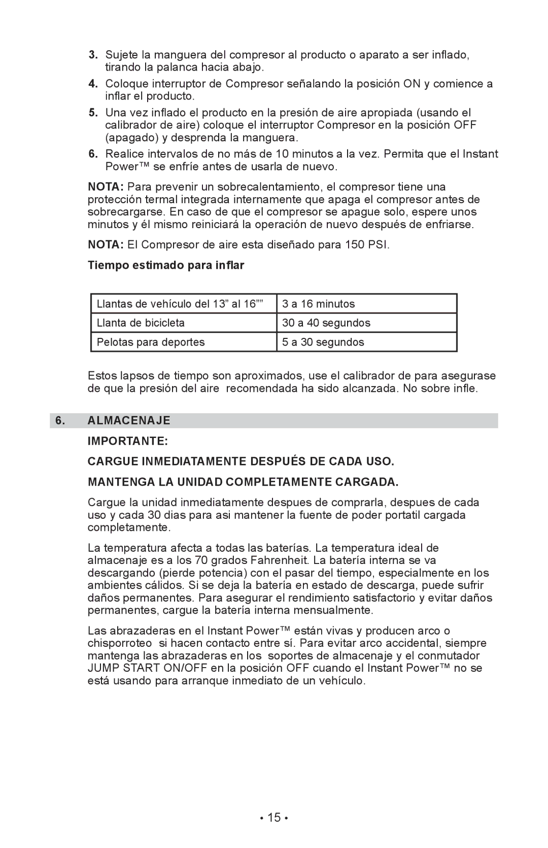 Schumacher IP-95C, IP-125C owner manual Tiempo estimado para inflar 