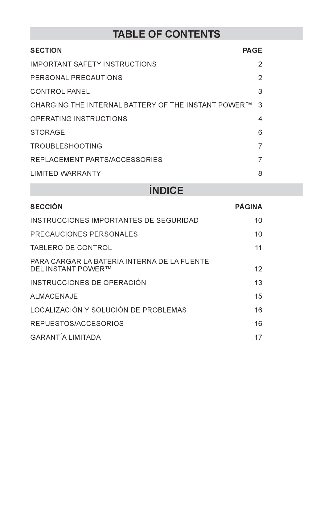 Schumacher IP-125C, IP-95C owner manual Índice 