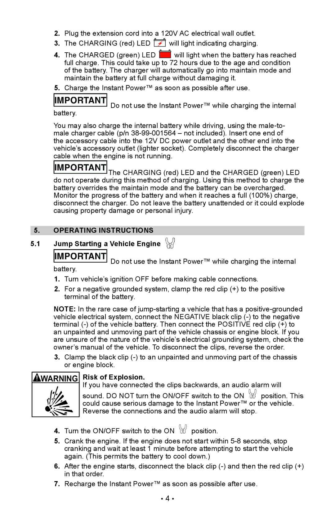 Schumacher IP-125C, IP-95C owner manual Operating Instructions, Jump Starting a Vehicle Engine, Risk of Explosion 