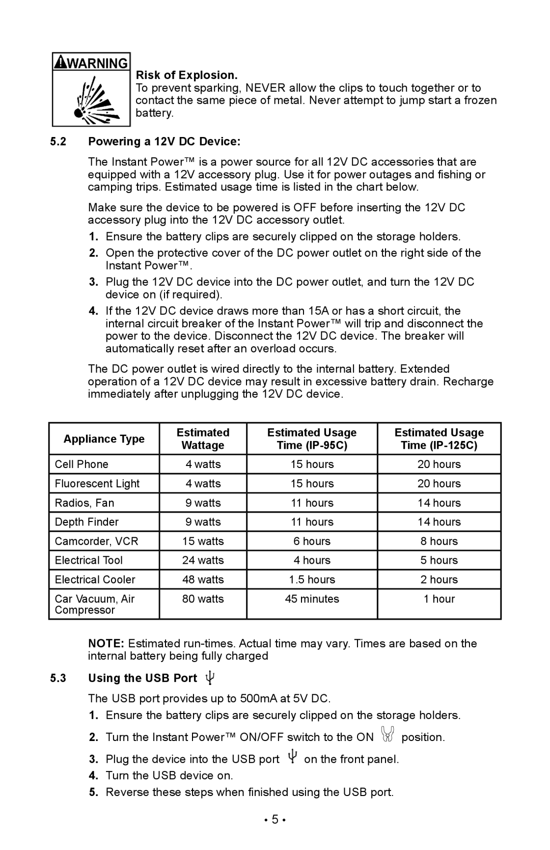 Schumacher IP-95C, IP-125C Powering a 12V DC Device, Appliance Type Estimated Estimated Usage, Using the USB Port 