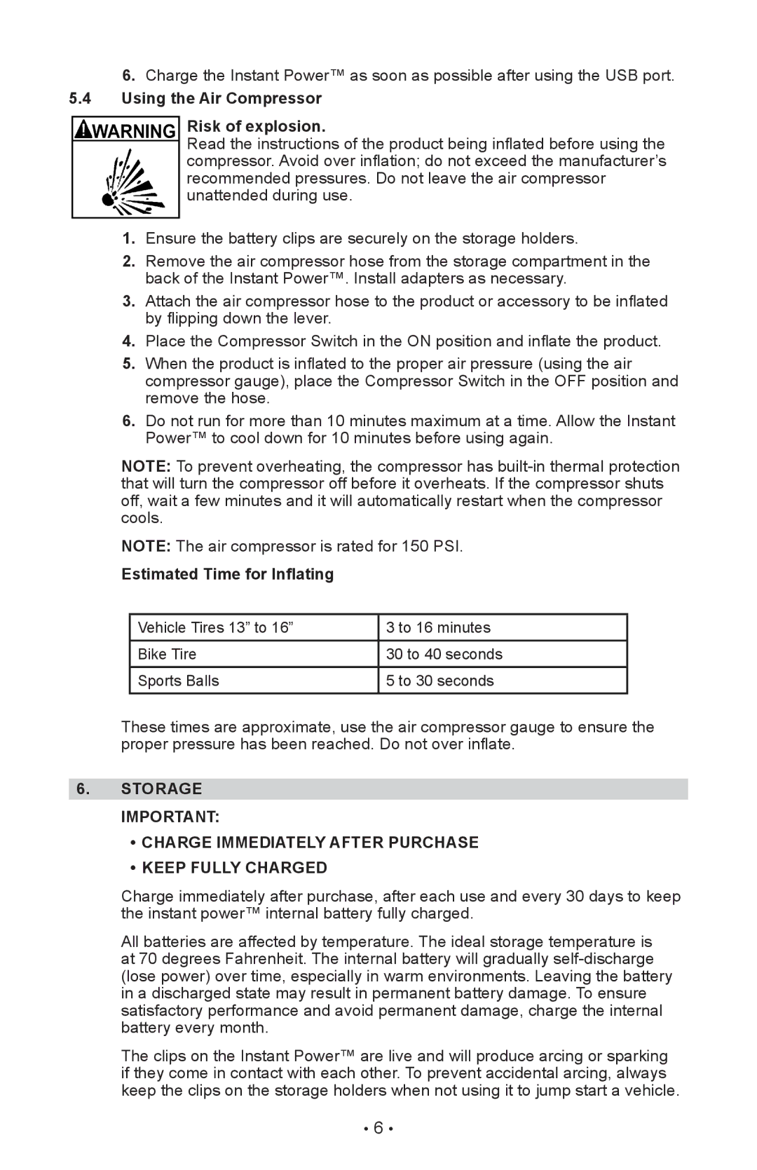 Schumacher IP-125C, IP-95C owner manual Using the Air Compressor Risk of explosion, Estimated Time for Inflating, Storage 