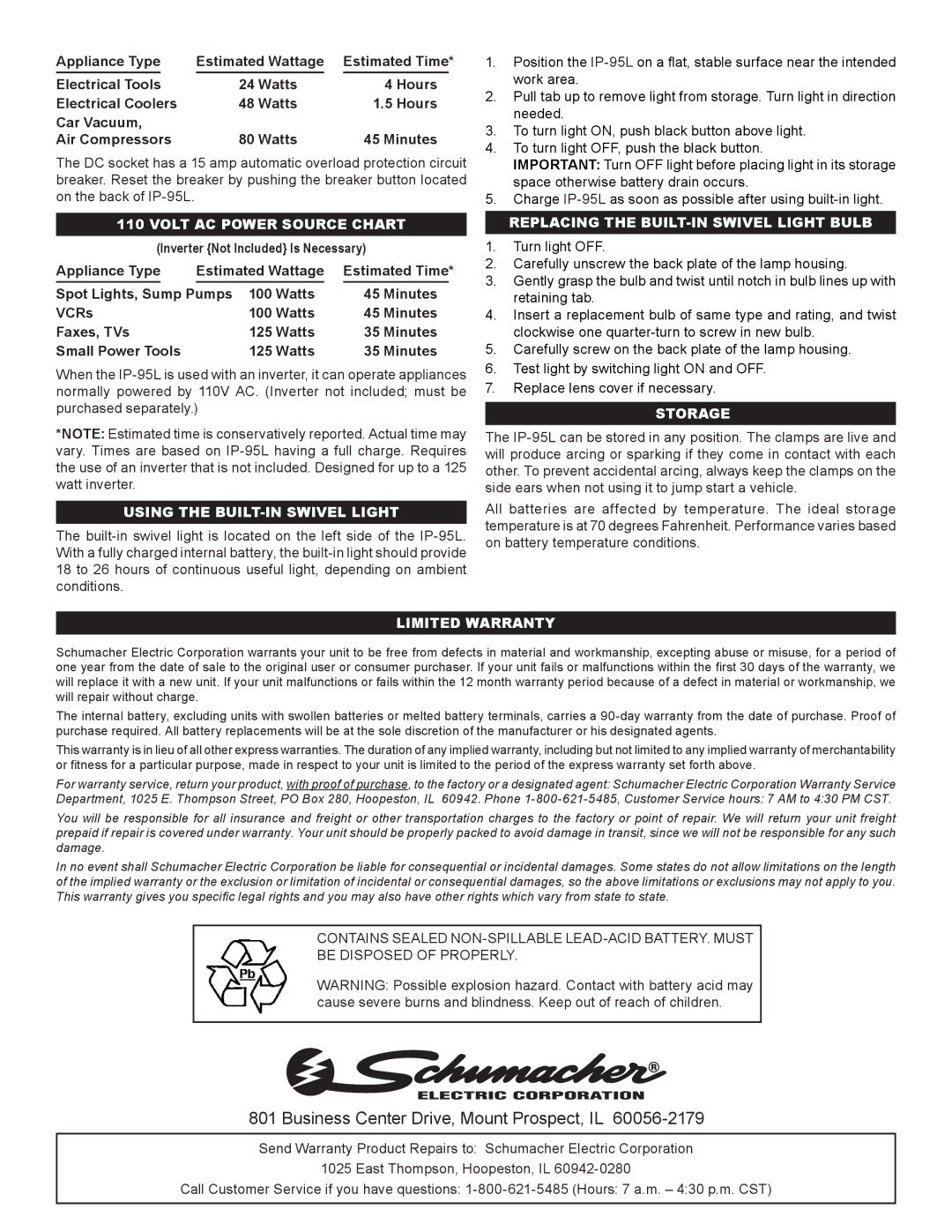 Schumacher IP-95L Volt AC Power Source Chart, Using the BUILT-IN Swivel Light, Replacing the BUILT-IN Swivel Light Bulb 