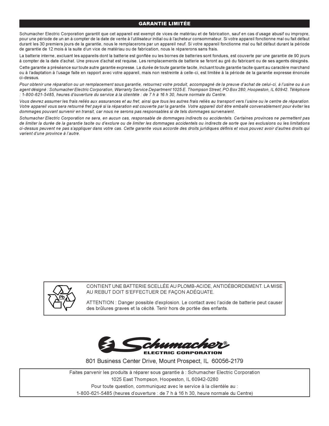 Schumacher IP-95L owner manual Garantie Limitée 