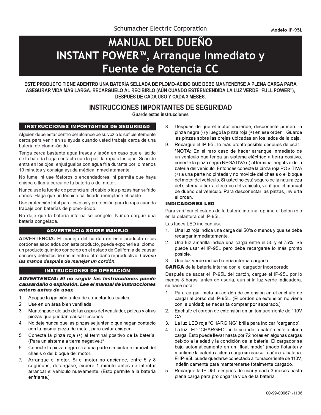 Schumacher IP-95L Manual DEL Dueño, Instant POWER, Arranque Inmediato y Fuente de Potencia CC, Guarde estas instrucciones 