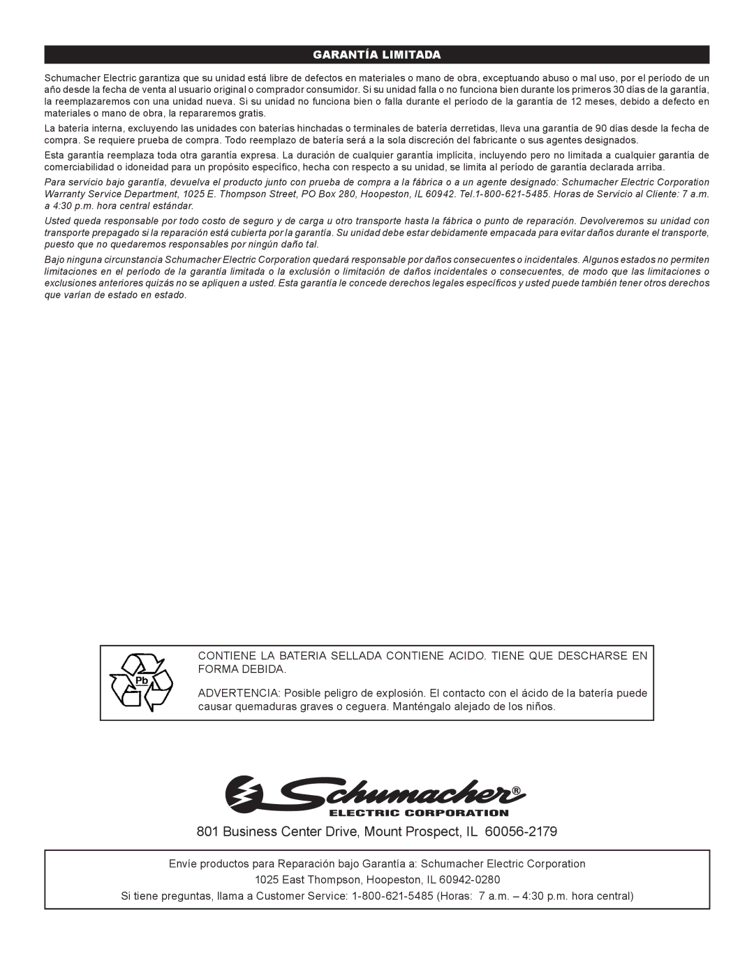 Schumacher IP-95L owner manual Garantía Limitada 