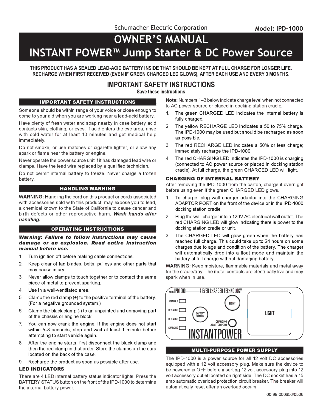 Schumacher IPD-1000 owner manual Instant Power Jump Starter & DC Power Source, Important Safety Instructions, Handling 