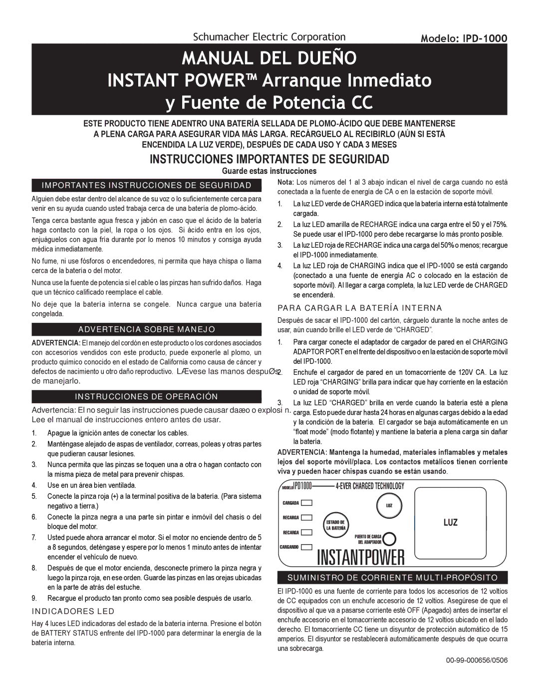 Schumacher IPD-1000 Manual DEL Dueño, Instant Power Arranque Inmediato Fuente de Potencia CC, Guarde estas instrucciones 