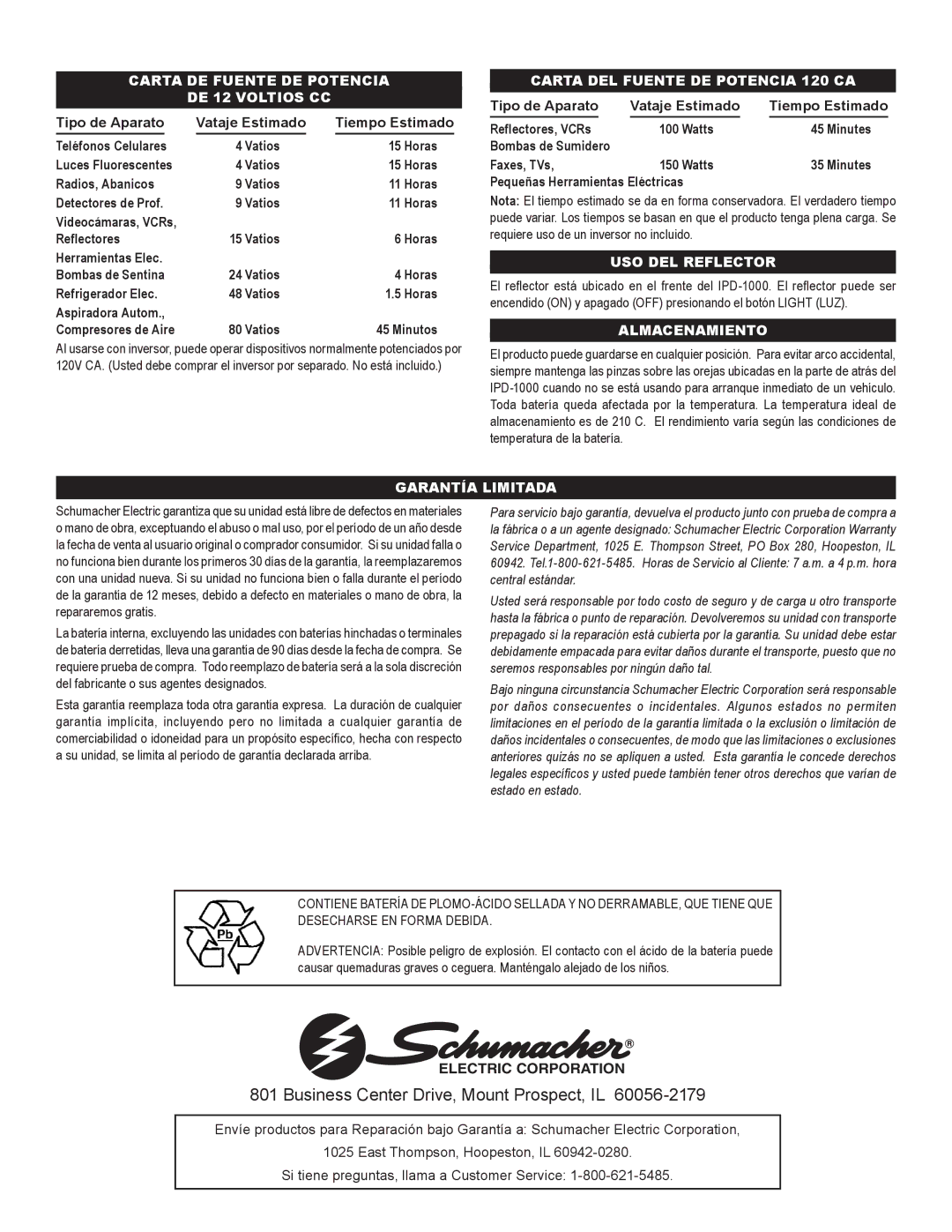 Schumacher IPD-1000 Carta DE Fuente DE Potencia DE 12 Voltios CC, Carta DEL Fuente DE Potencia 120 CA, USO DEL Reflector 