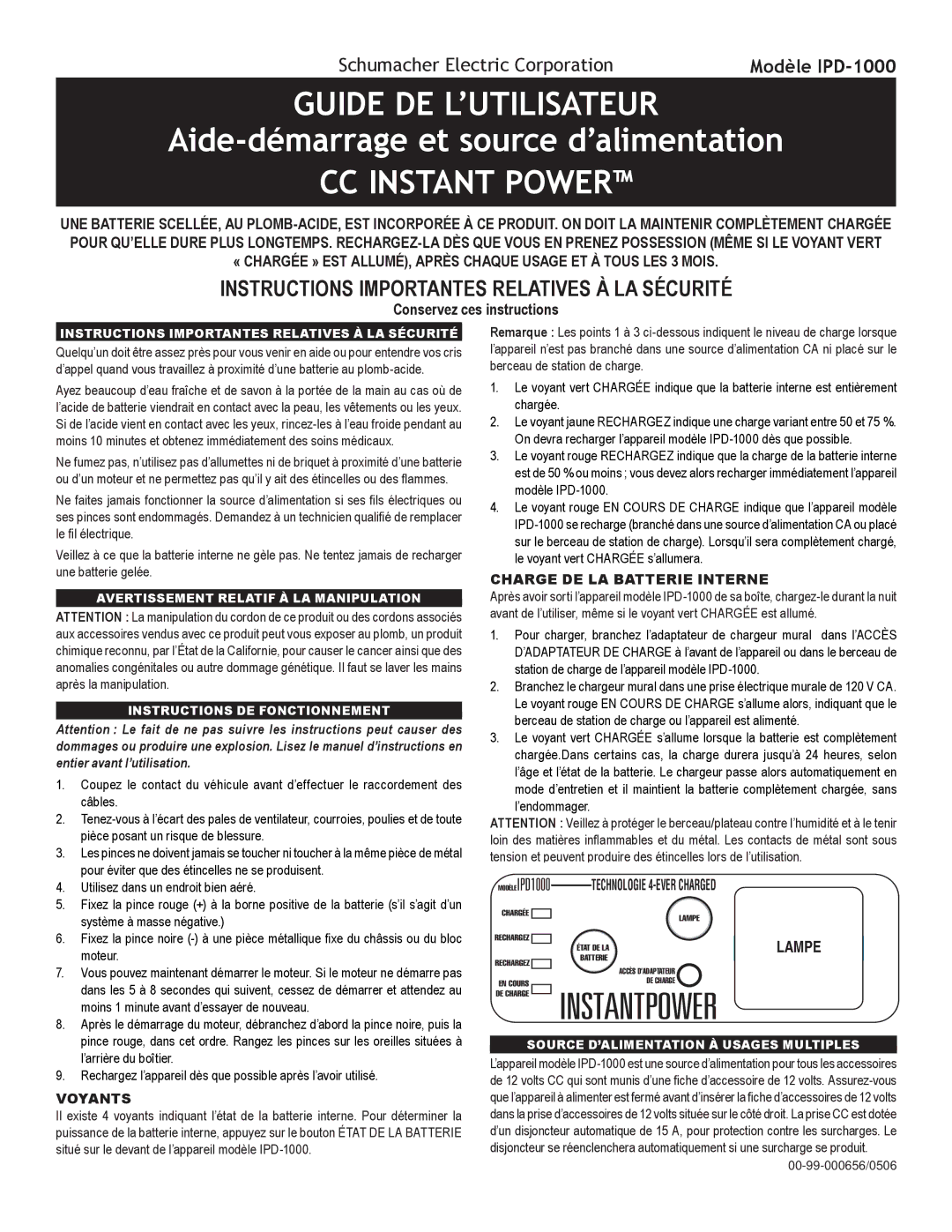 Schumacher IPD-1000 owner manual Guide DE L’UTILISATEUR, Aide-démarrage et source d’alimentation, CC Instant Power 