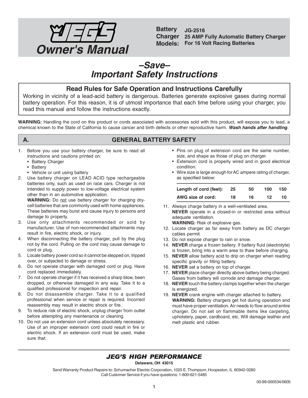 Schumacher JG-2516 owner manual Save Important Safety Instructions, General Battery Safety 