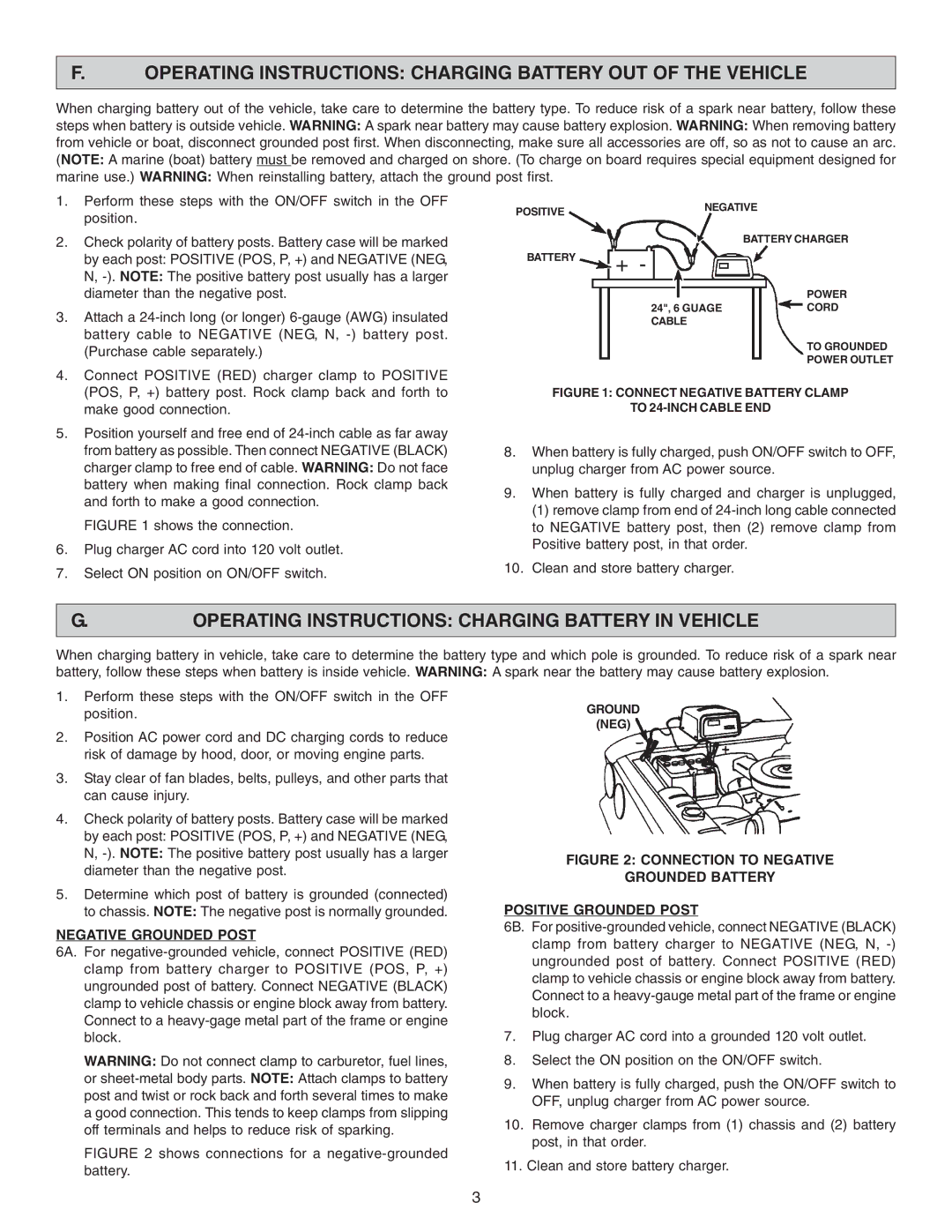 Schumacher JG-2516 owner manual Operating Instructions Charging Battery OUT of the Vehicle, Negative Grounded Post 