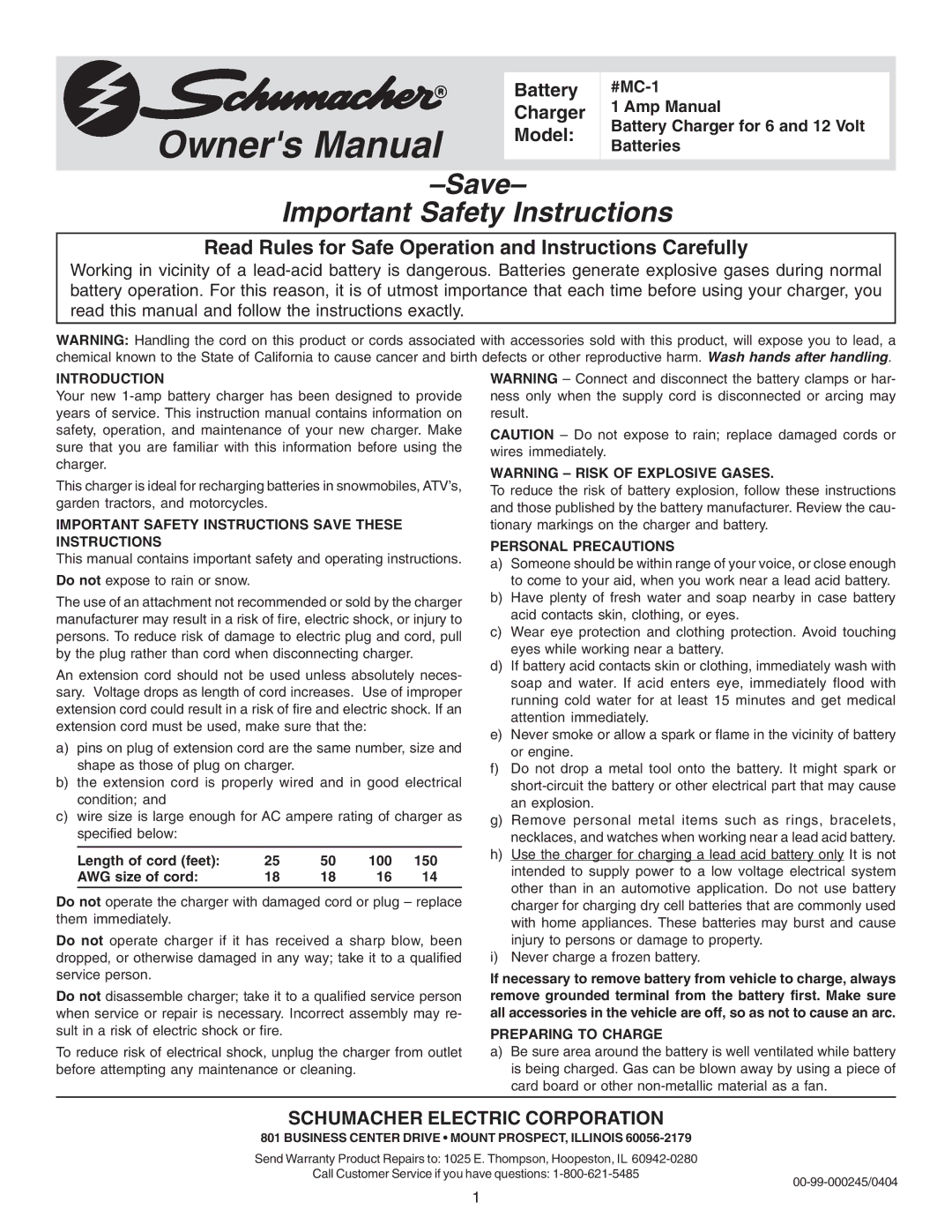 Schumacher MC-1 1 Amp owner manual Introduction, Important Safety Instructions Save These Instructions 