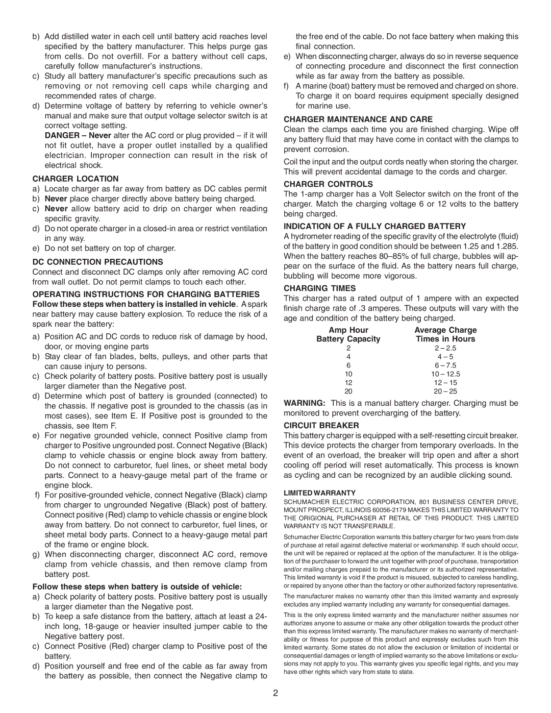 Schumacher MC-1 1 Amp Charger Location, DC Connection Precautions, Charger Maintenance and Care, Charger Controls 