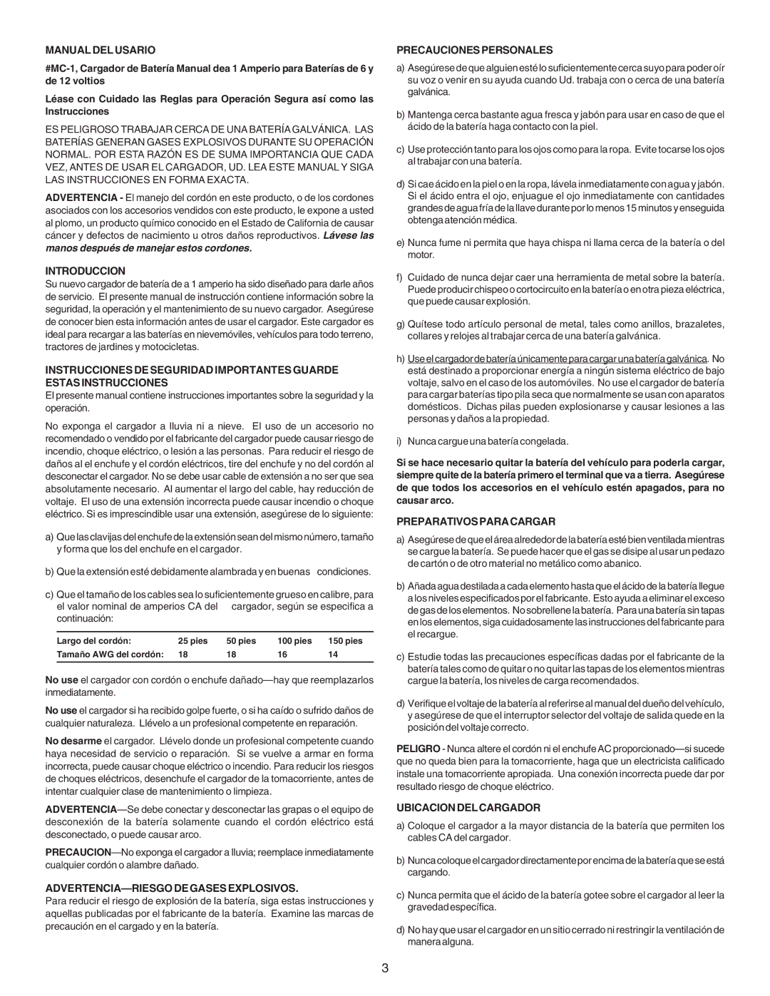 Schumacher MC-1 1 Amp Manual DEL Usario, Introduccion, ADVERTENCIA-RIESGO DE Gases Explosivos, Precaucionespersonales 