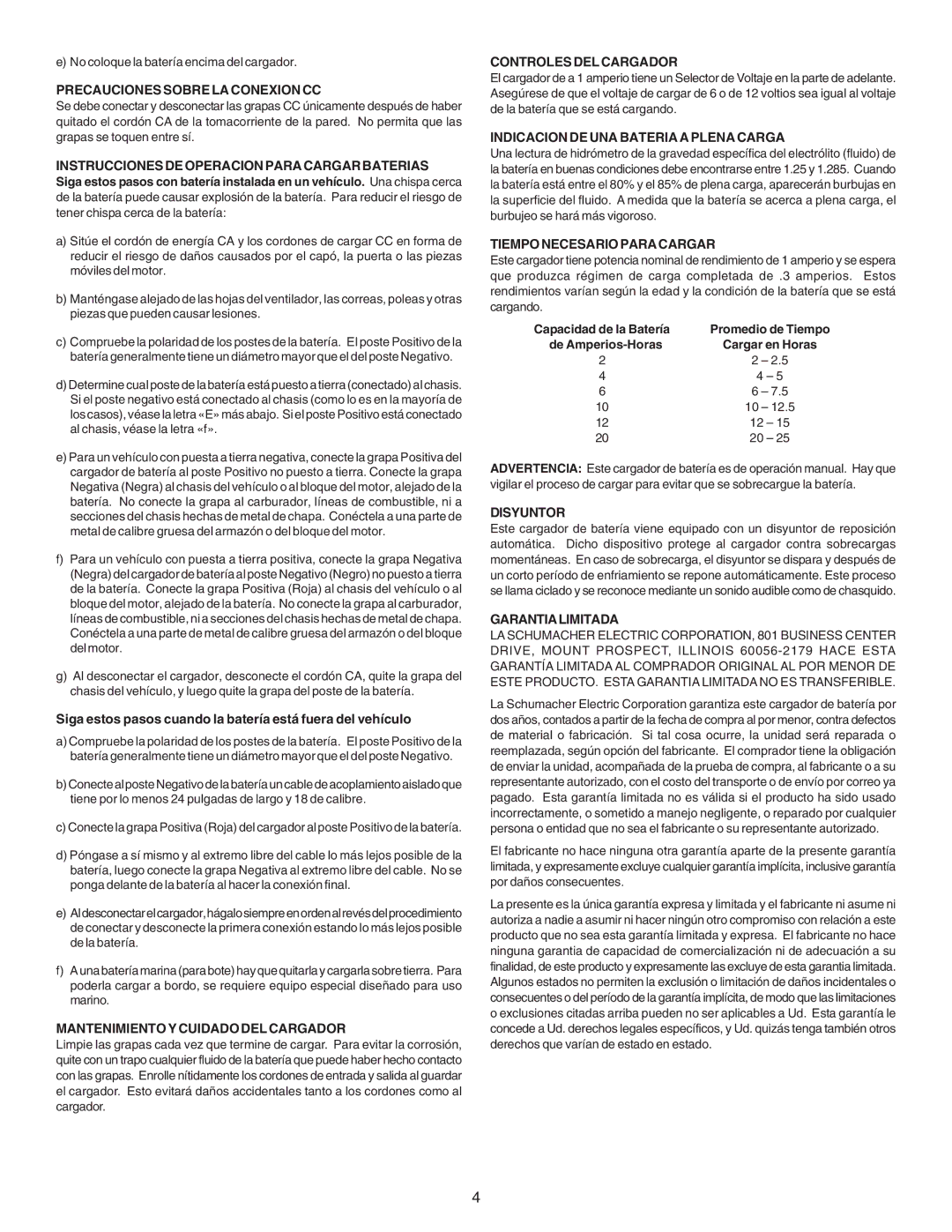 Schumacher MC-1 1 Amp Precauciones Sobre LA Conexion CC, Instrucciones DE Operacion Para Cargar Baterias, Disyuntor 