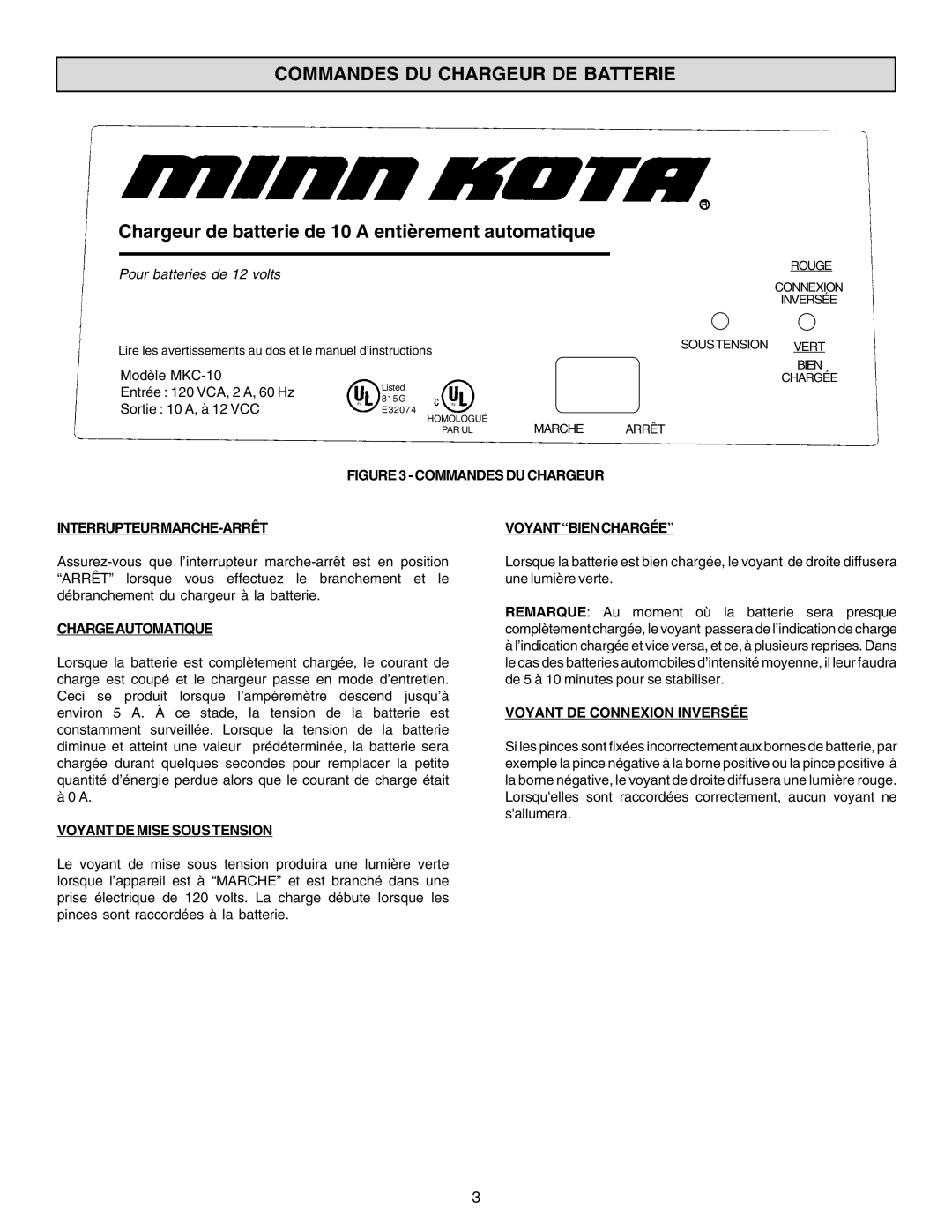 Schumacher MKC-10 Commandes DU Chargeur DE Batterie, Chargeautomatique, Voyant DE Mise Sous Tension, Voyantbienchargée 