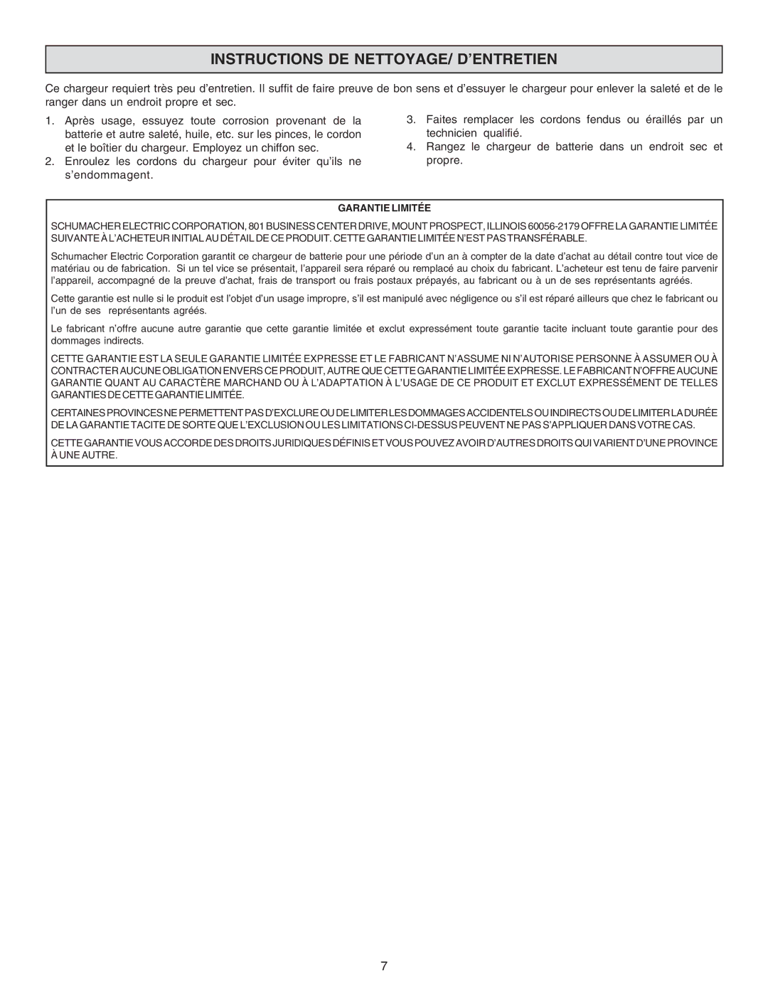 Schumacher MKC-10 important safety instructions Instructions DE NETTOYAGE/ D’ENTRETIEN, Garantie Limitée 