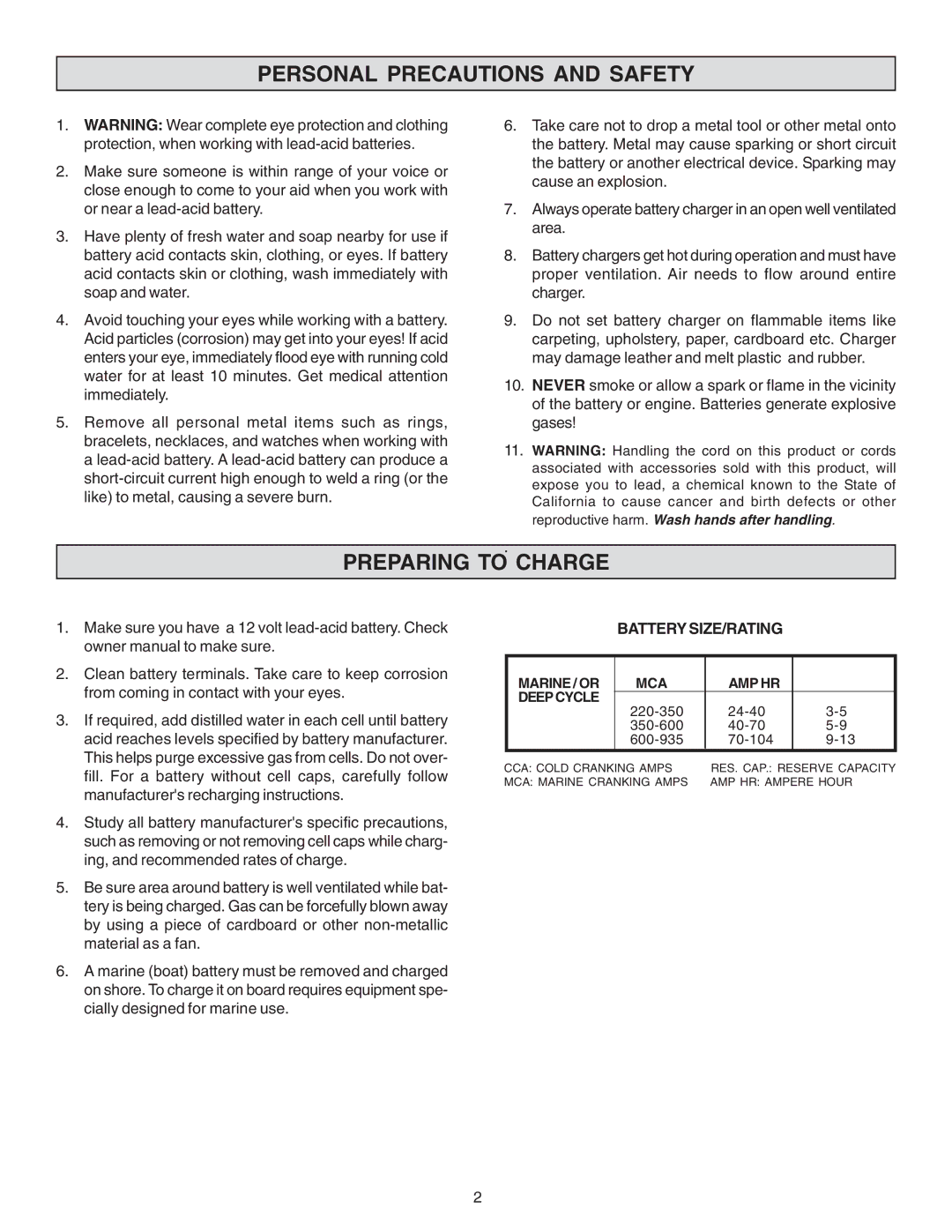 Schumacher MKC-10 Personal Precautions and Safety, Preparing to Charge, Marine / or MCA AMP HR Deepcycle 