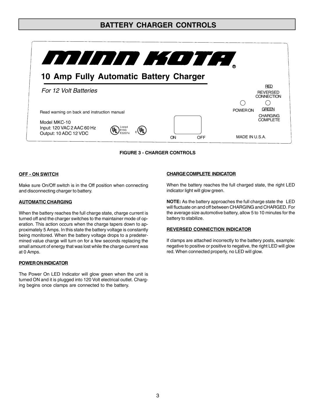 Schumacher MKC-10 Battery Charger Controls, Automatic Charging, Power on Indicator, Charge Complete Indicator 