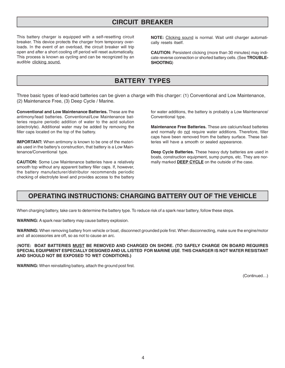 Schumacher MKC-10 Circuit Breaker, Battery Types, Operating Instructions Charging Battery OUT of the Vehicle, Shooting 