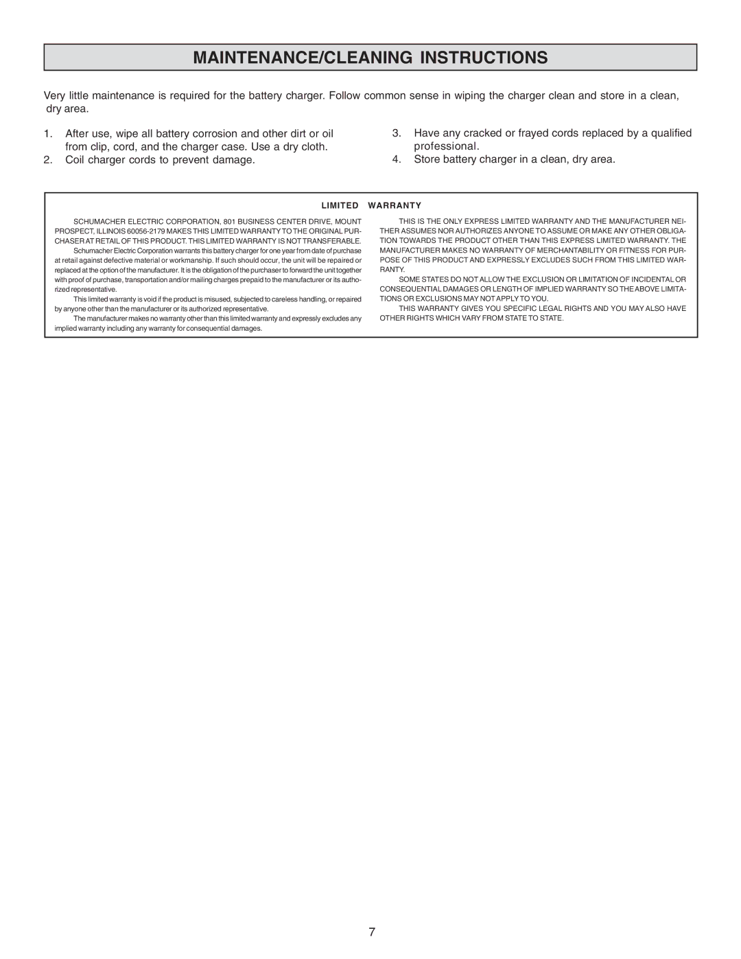 Schumacher MKC-10 important safety instructions MAINTENANCE/CLEANING Instructions, Limited Warranty 