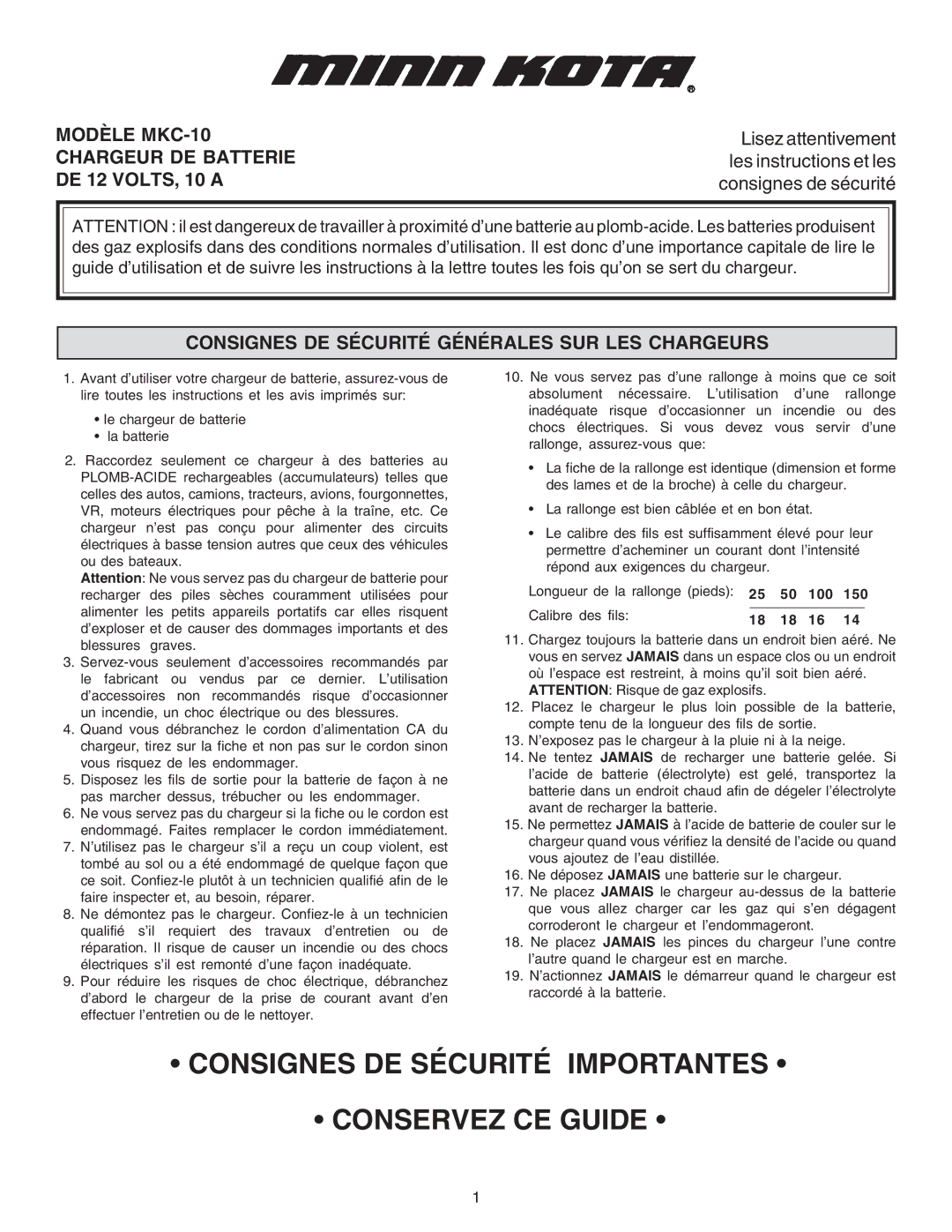 Schumacher Modèle MKC-10, Chargeur DE Batterie, Consignes DE Sécurité Générales SUR LES Chargeurs 