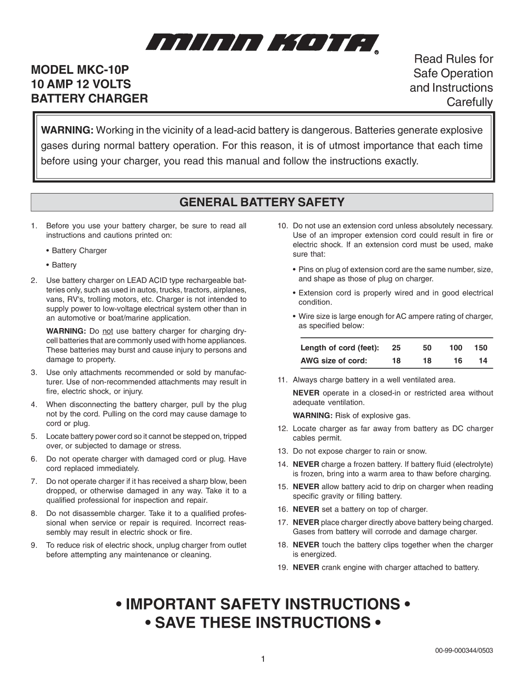 Schumacher important safety instructions Model MKC-10P, AMP 12 Volts, Battery Charger, General Battery Safety 