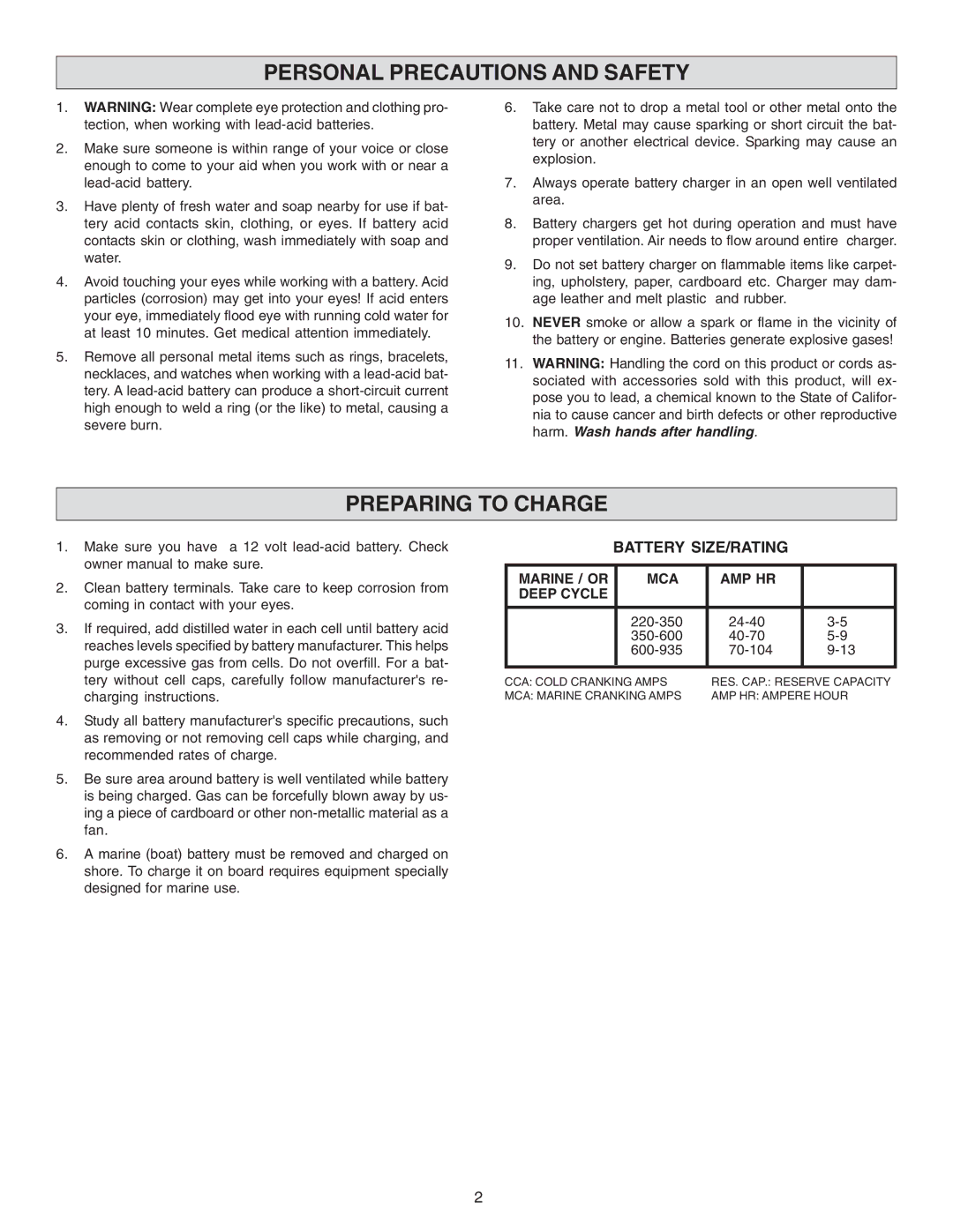 Schumacher MKC-10P important safety instructions Personal Precautions and Safety, Preparing to Charge, Battery SIZE/RATING 