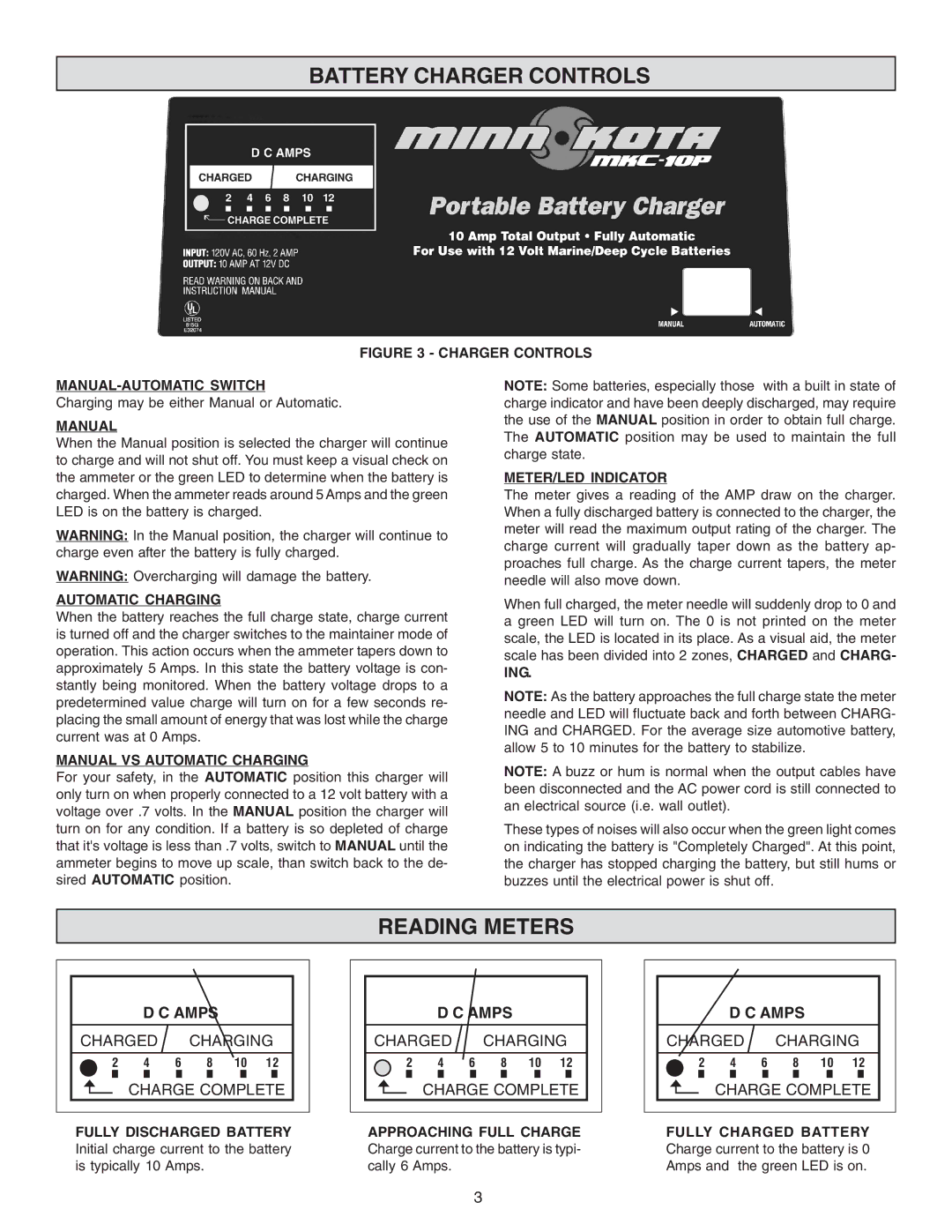 Schumacher MKC-10P Battery Charger Controls, Reading Meters, Amps Charged Charging Charge Complete 