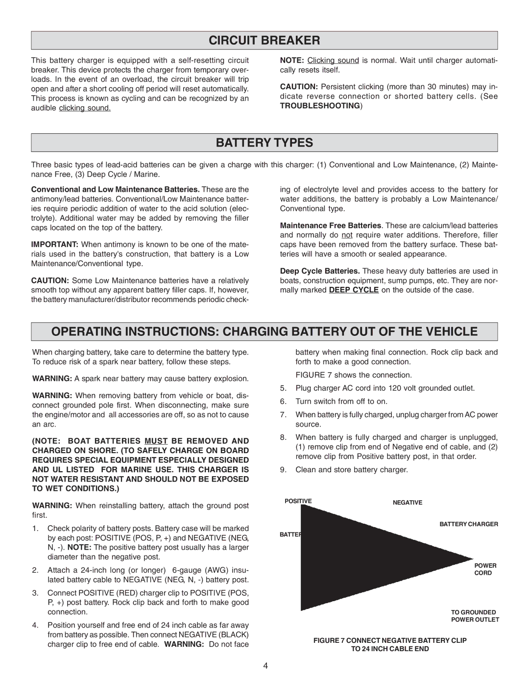 Schumacher MKC-10P Circuit Breaker, Battery Types, Operating Instructions Charging Battery OUT of the Vehicle 