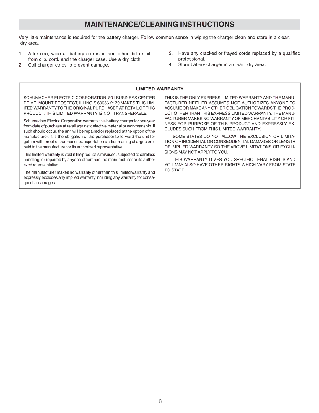 Schumacher MKC-10P important safety instructions MAINTENANCE/CLEANING Instructions, Limited Warranty 