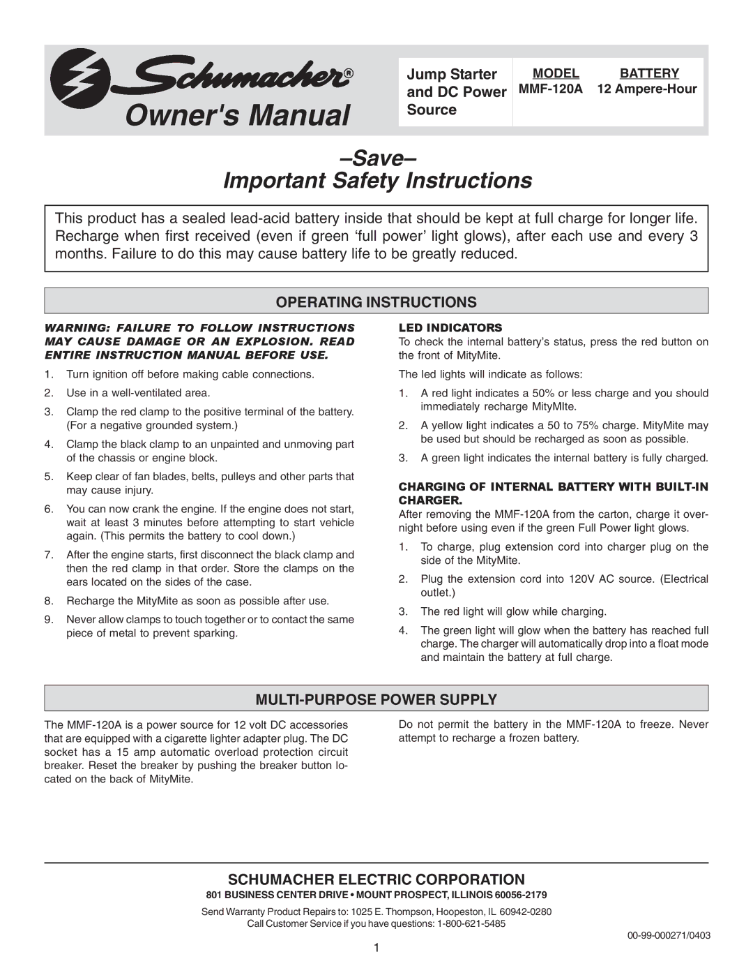 Schumacher MMF-120A owner manual Save Important Safety Instructions, Operating Instructions, MULTI-PURPOSE Power Supply 