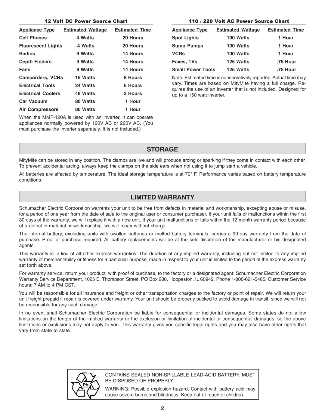 Schumacher MMF-120A owner manual Storage, Limited Warranty 