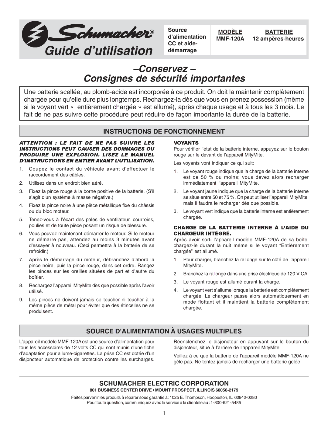 Schumacher MMF-120A owner manual Conservez Consignes de sécurité importantes, Instructions DE Fonctionnement, Voyants 