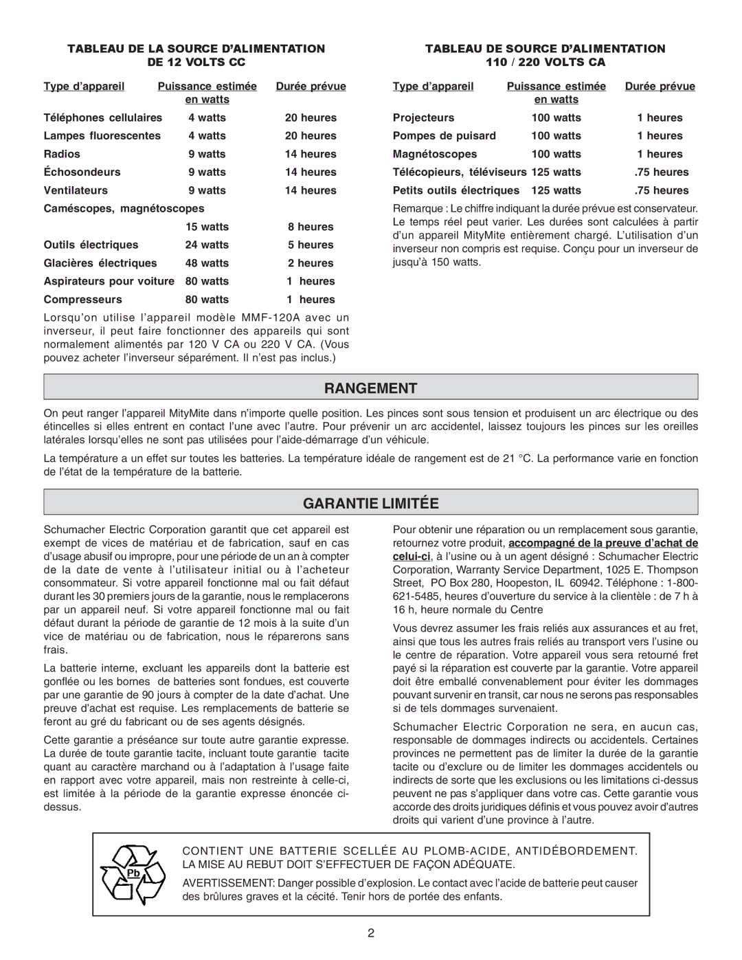 Schumacher MMF-120A owner manual Rangement, Garantie Limitée, Tableau DE LA Source D’ALIMENTATION DE 12 Volts CC 