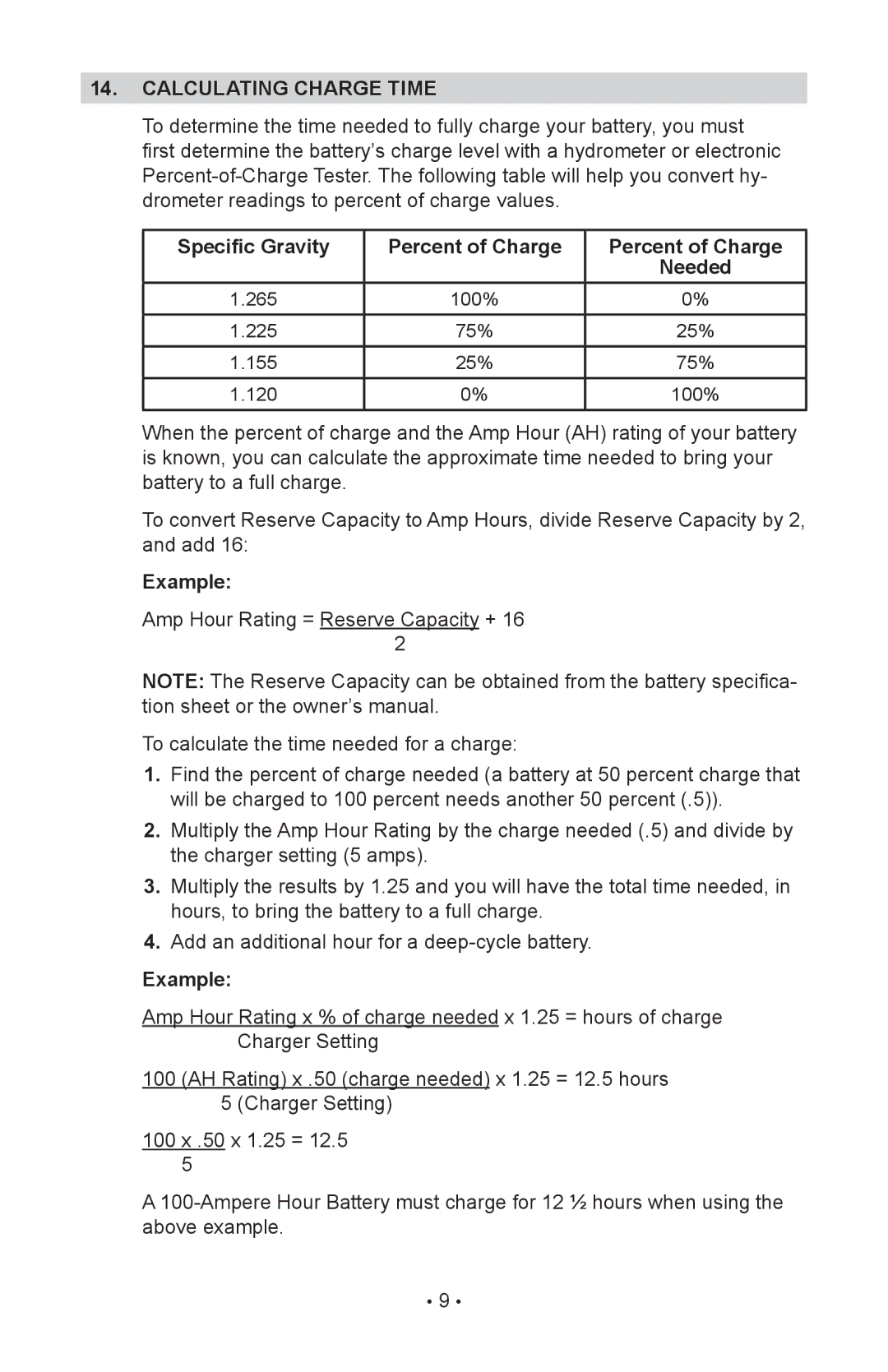 Schumacher MSC-2405 owner manual Calculating charge time, Specific Gravity Percent of Charge Needed, Example 