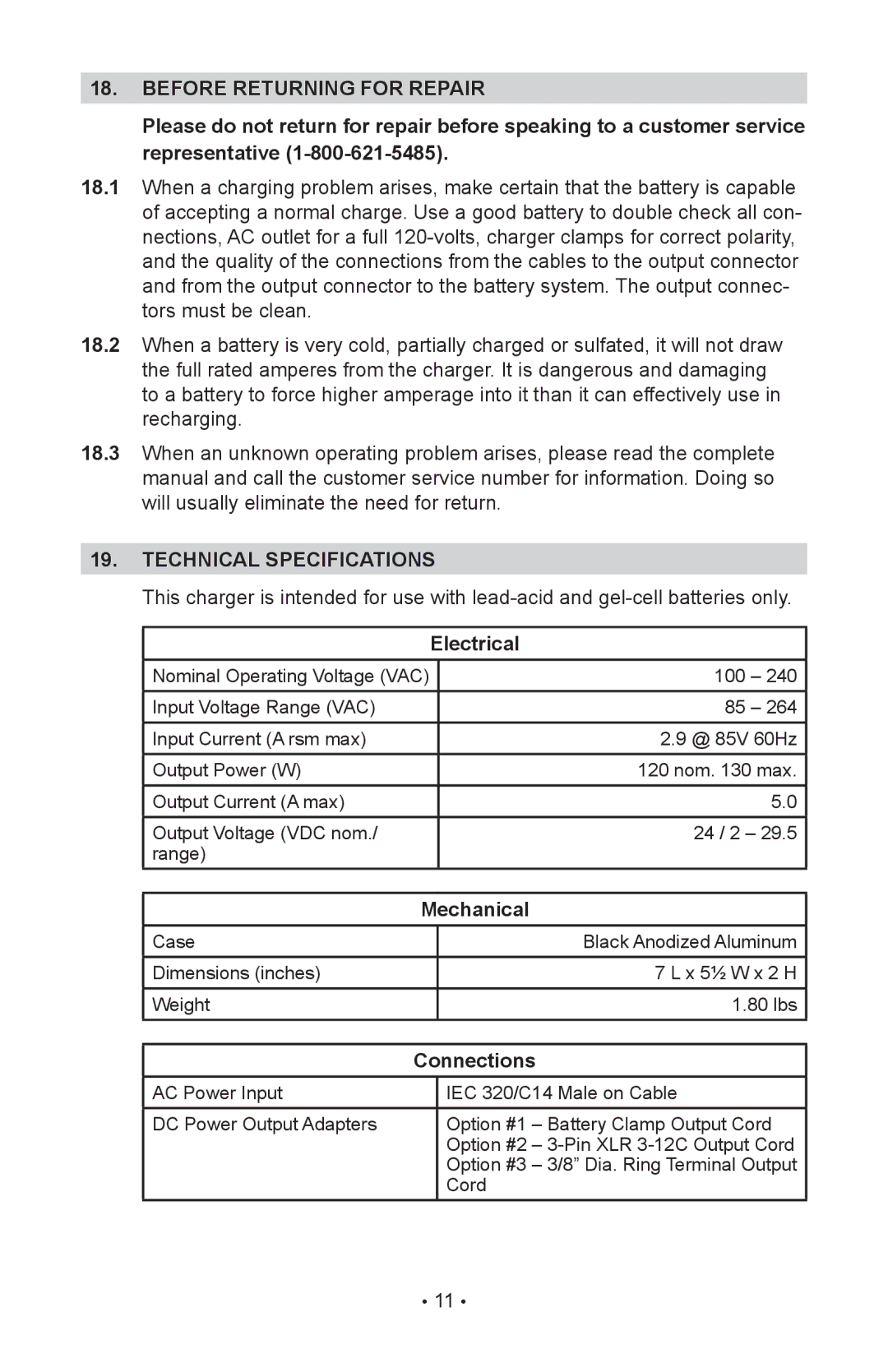 Schumacher MSC-2405 owner manual Technical specifications, Electrical, Mechanical, Connections 