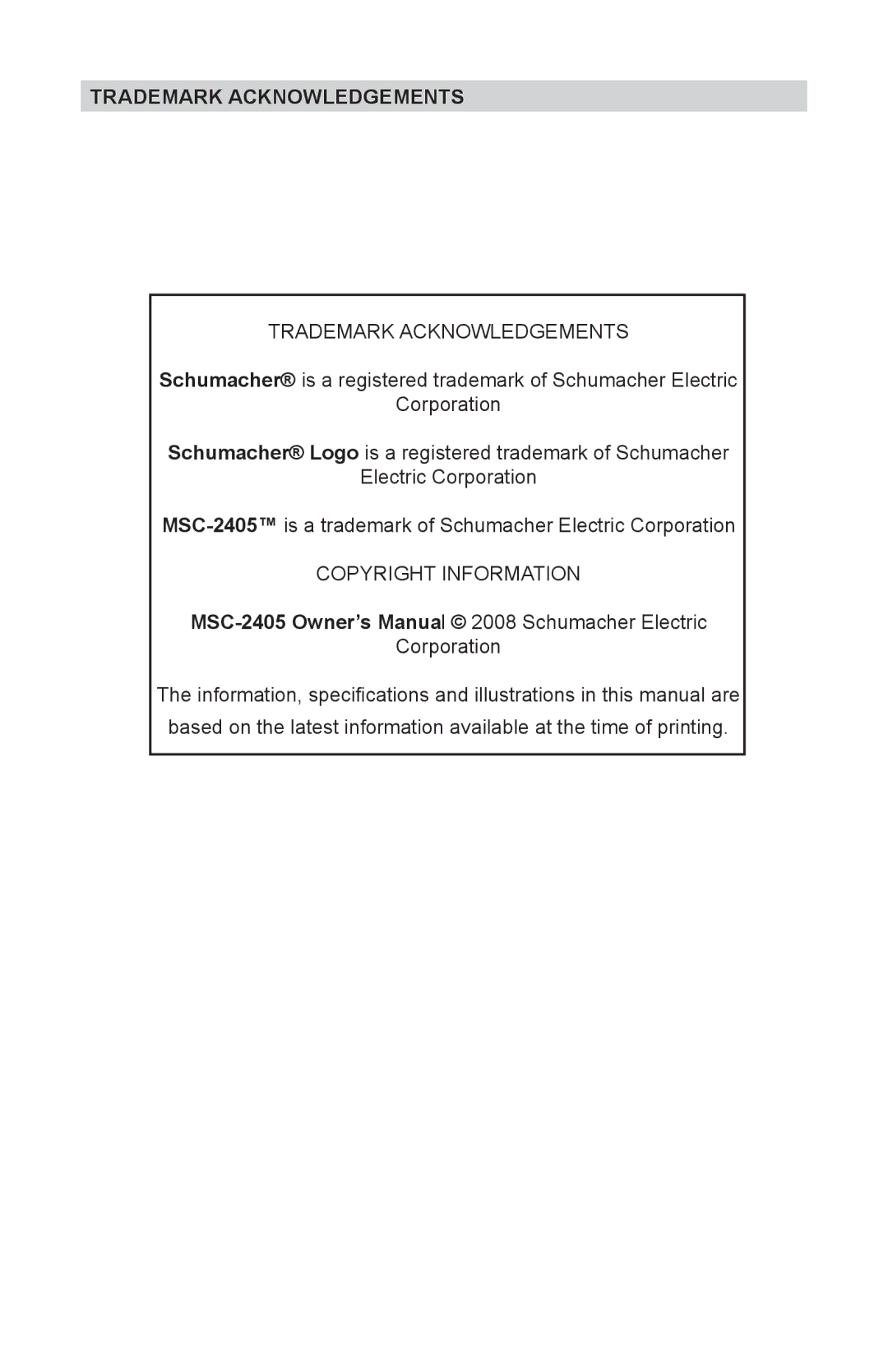 Schumacher MSC-2405 owner manual Trademark Acknowledgements 