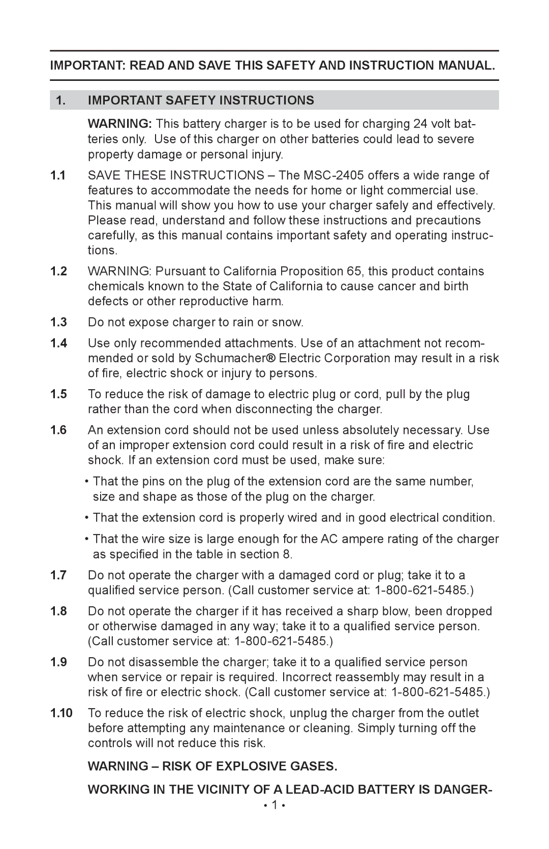 Schumacher MSC-2405 owner manual Important Safety Instructions, Working in the Vicinity of a LEAD-ACID Battery is Danger 