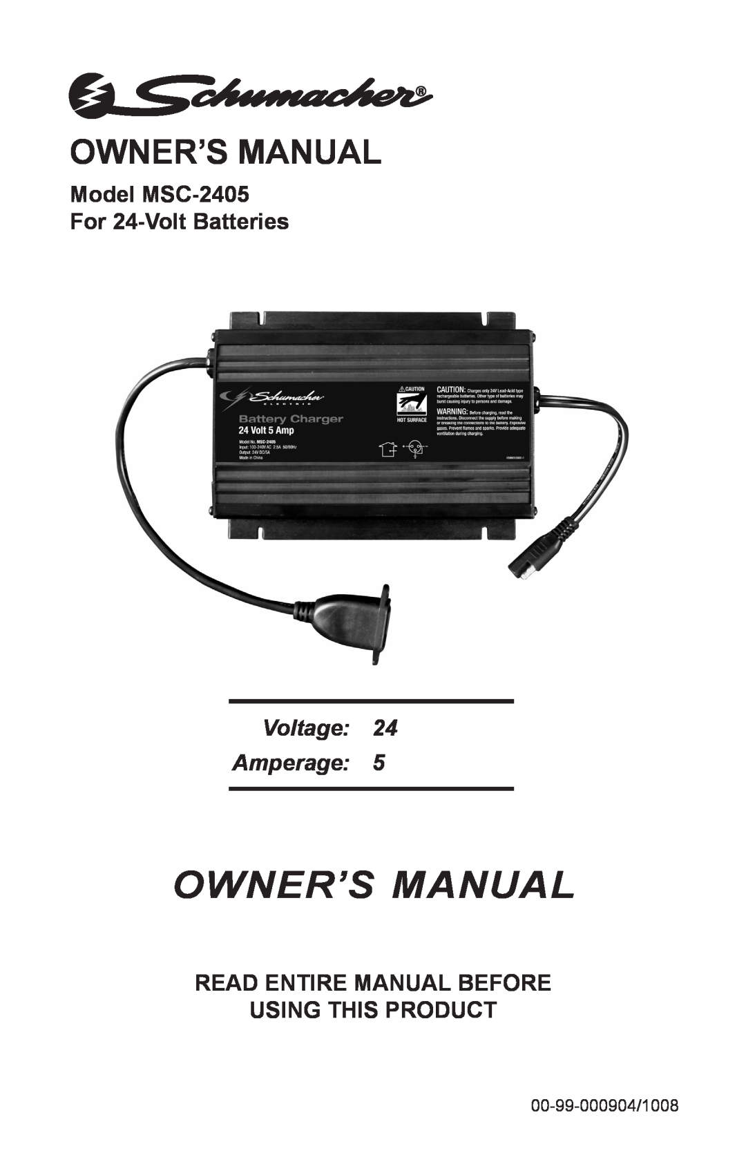 Schumacher owner manual Owner’s Manual, Owner’S Manual, Model MSC-2405 For 24-Volt Batteries, Voltage Amperage 