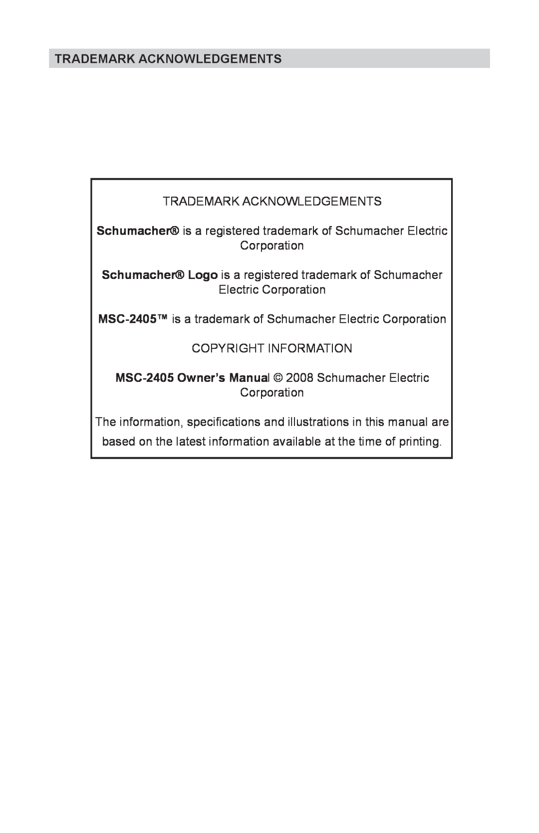 Schumacher MSC-2405 owner manual Trademark Acknowledgements 