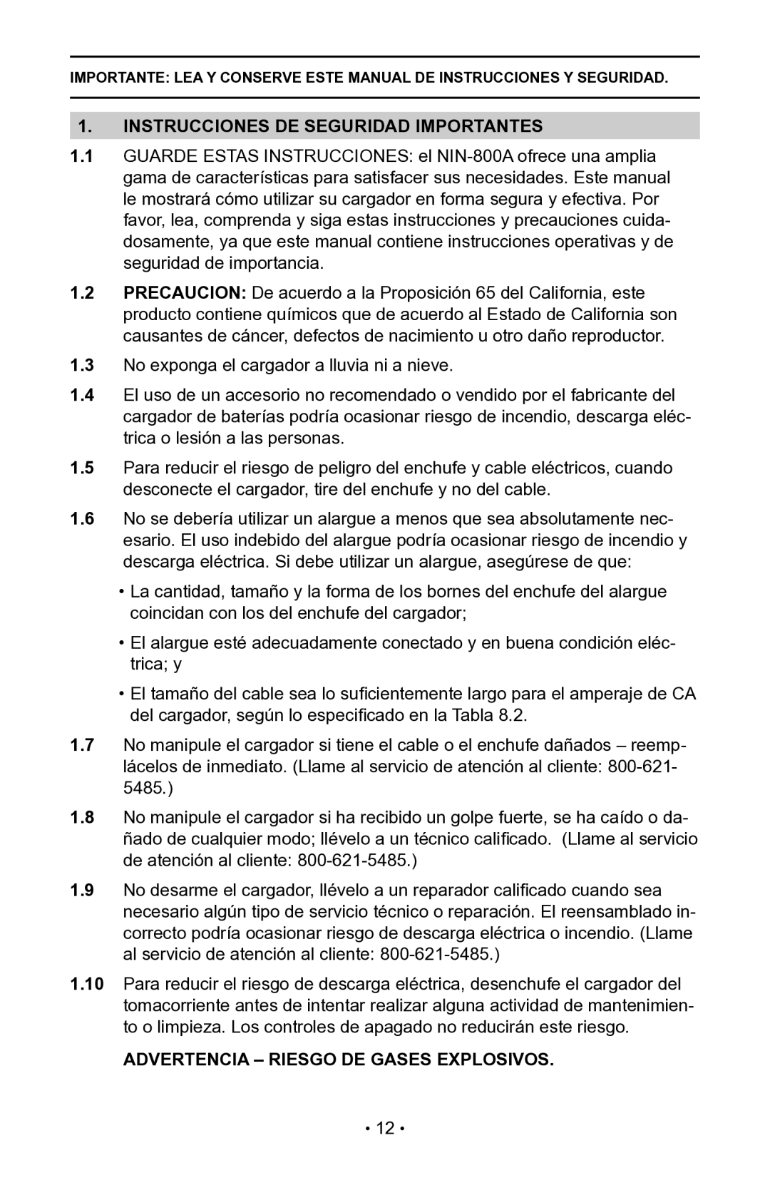 Schumacher 94085893, NIN-800A, 00-99-000942 Instrucciones DE Seguridad Importantes, Advertencia Riesgo DE Gases Explosivos 