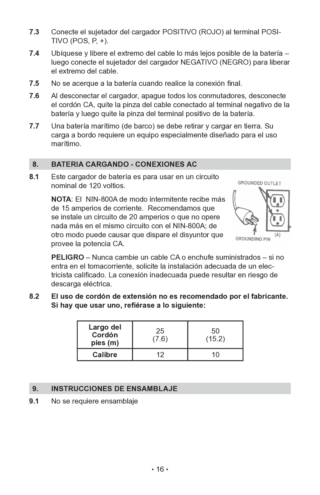 Schumacher 00-99-000942, NIN-800A, 94085893 Bateria Cargando Conexiones AC, Píes m, Calibre, Instrucciones DE Ensamblaje 